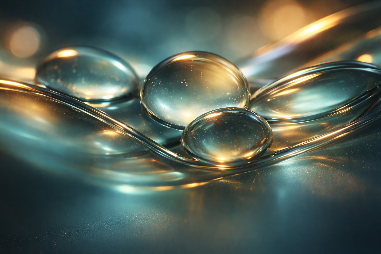 Tight macro of translucent gel droplets and curved glass planes in teal-blue and gold rim light, shallow depth of field with creamy bokeh, subject concentrated in the upper two-thirds and the lower third softly out of focus.