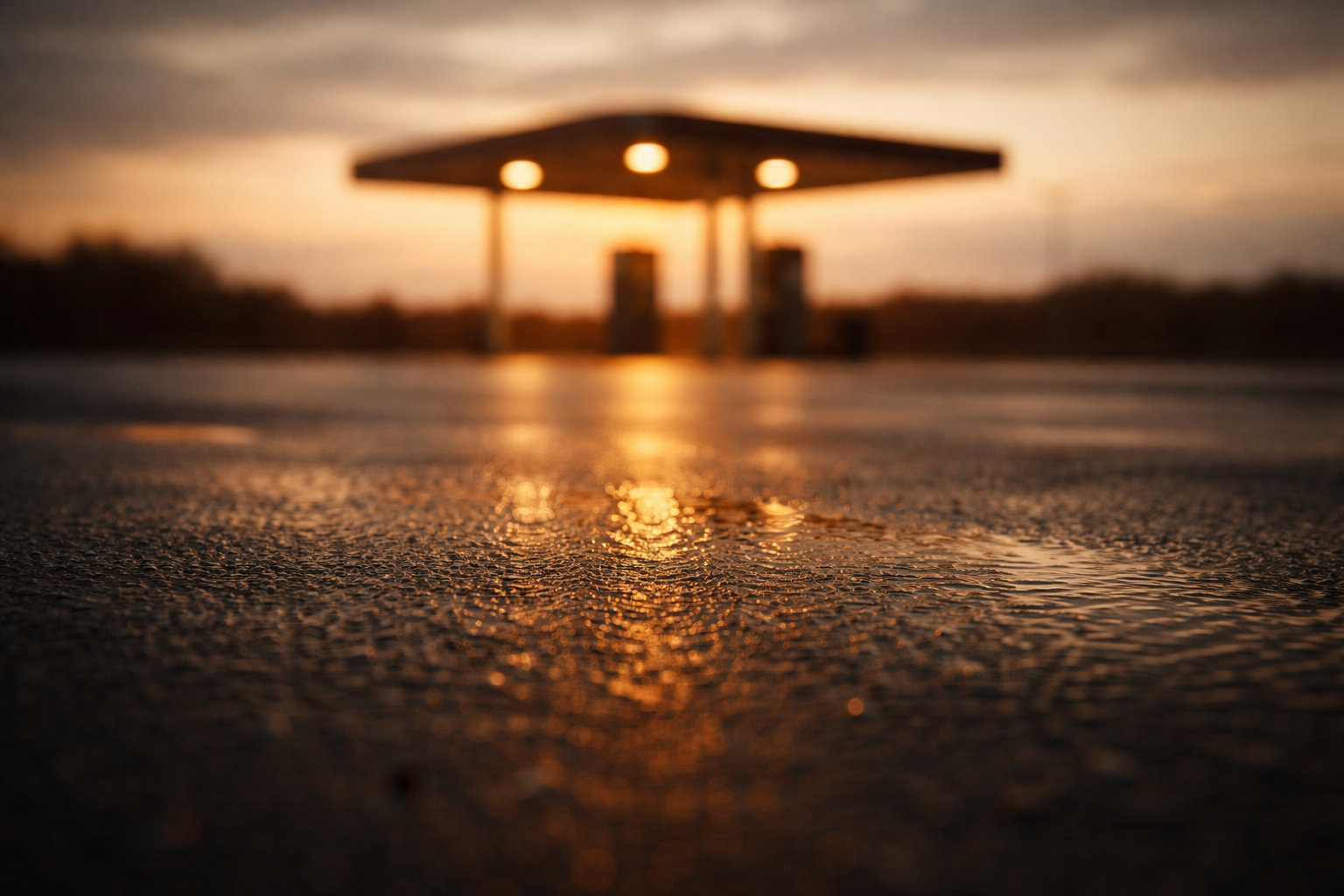 Ground-level low-angle photo of wet asphalt reflecting golden sunrise with a small, anonymous gas-station canopy blurred on the horizon in the upper part of the frame, lower third empty.