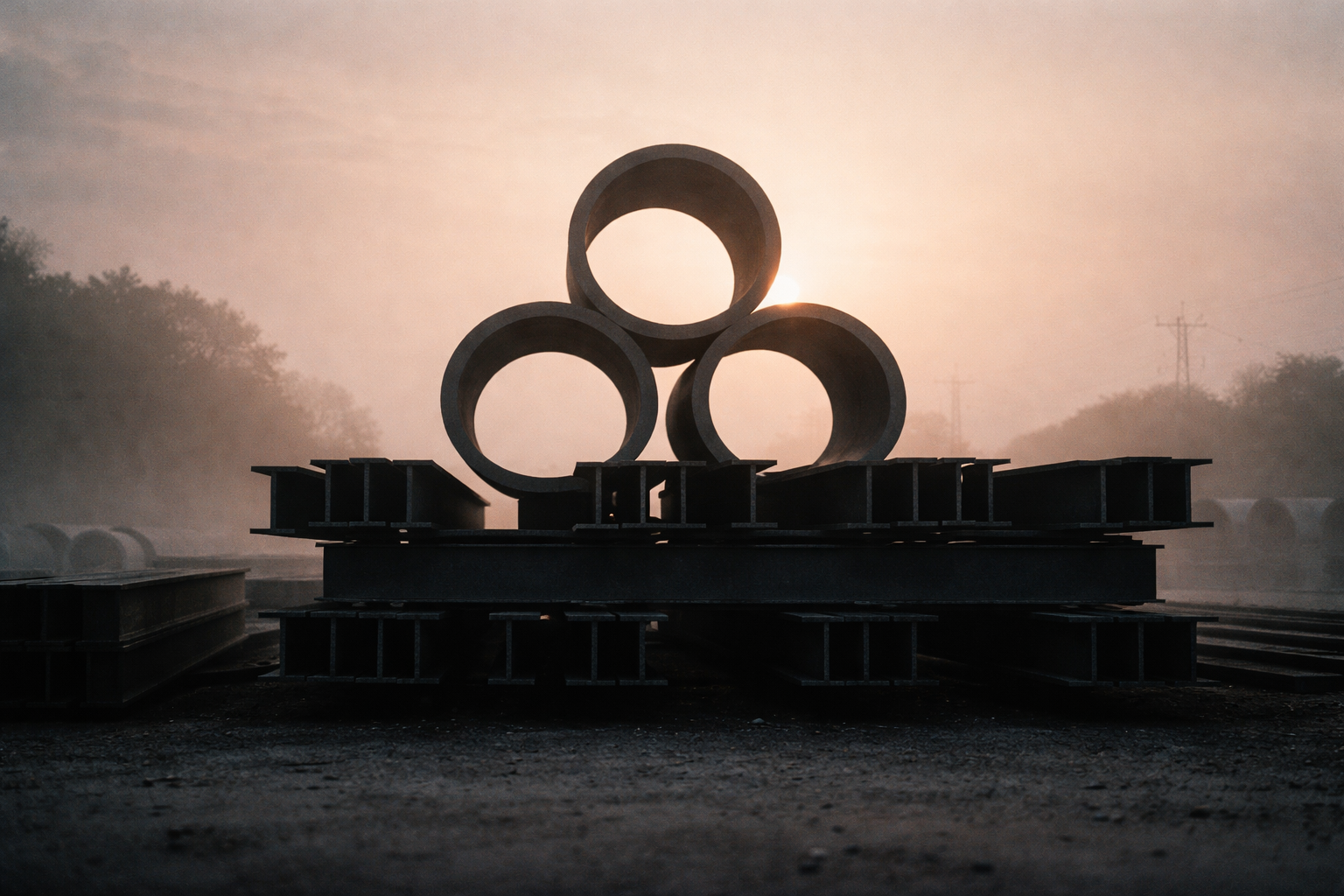 Silhouetted stacks of large concrete pipe rings and steel I‑beams centered in the upper two-thirds against a misty dawn sky, with a clear, low-detail foreground left empty for a headline.