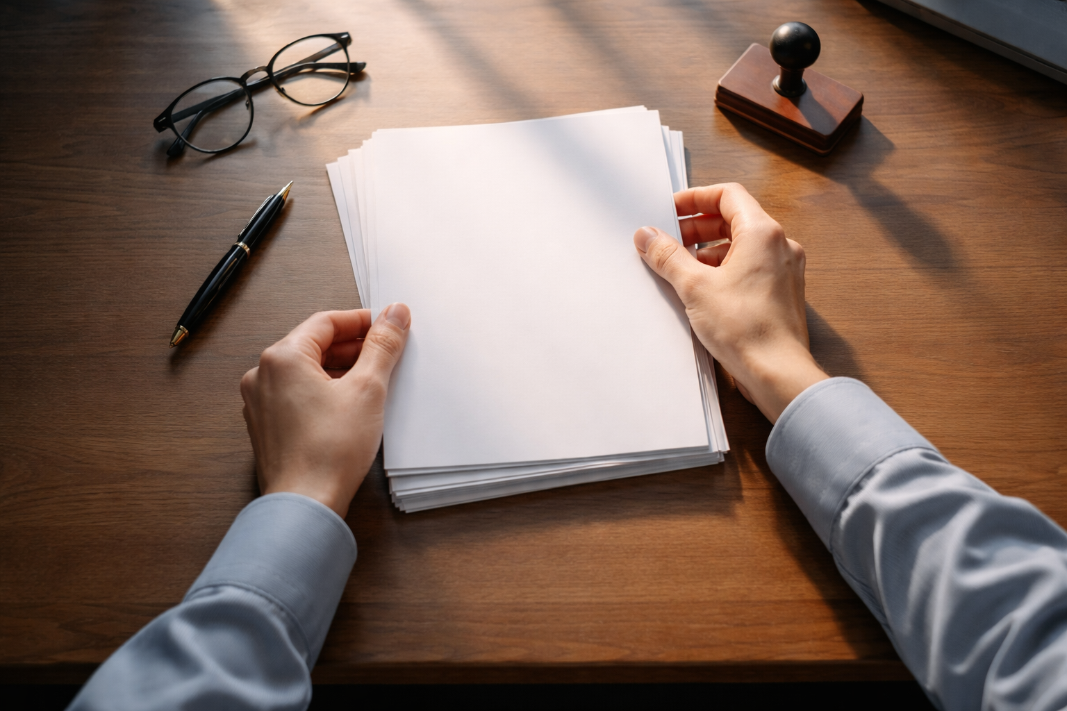High-angle view of anonymous hands arranging a neat stack of blank unbranded contract pages on a wooden desk with a fountain pen, reading glasses and an unstamped rubber stamp, warm side light and muted blue-gray tones, subject in the upper two-thirds and the lower third left empty.