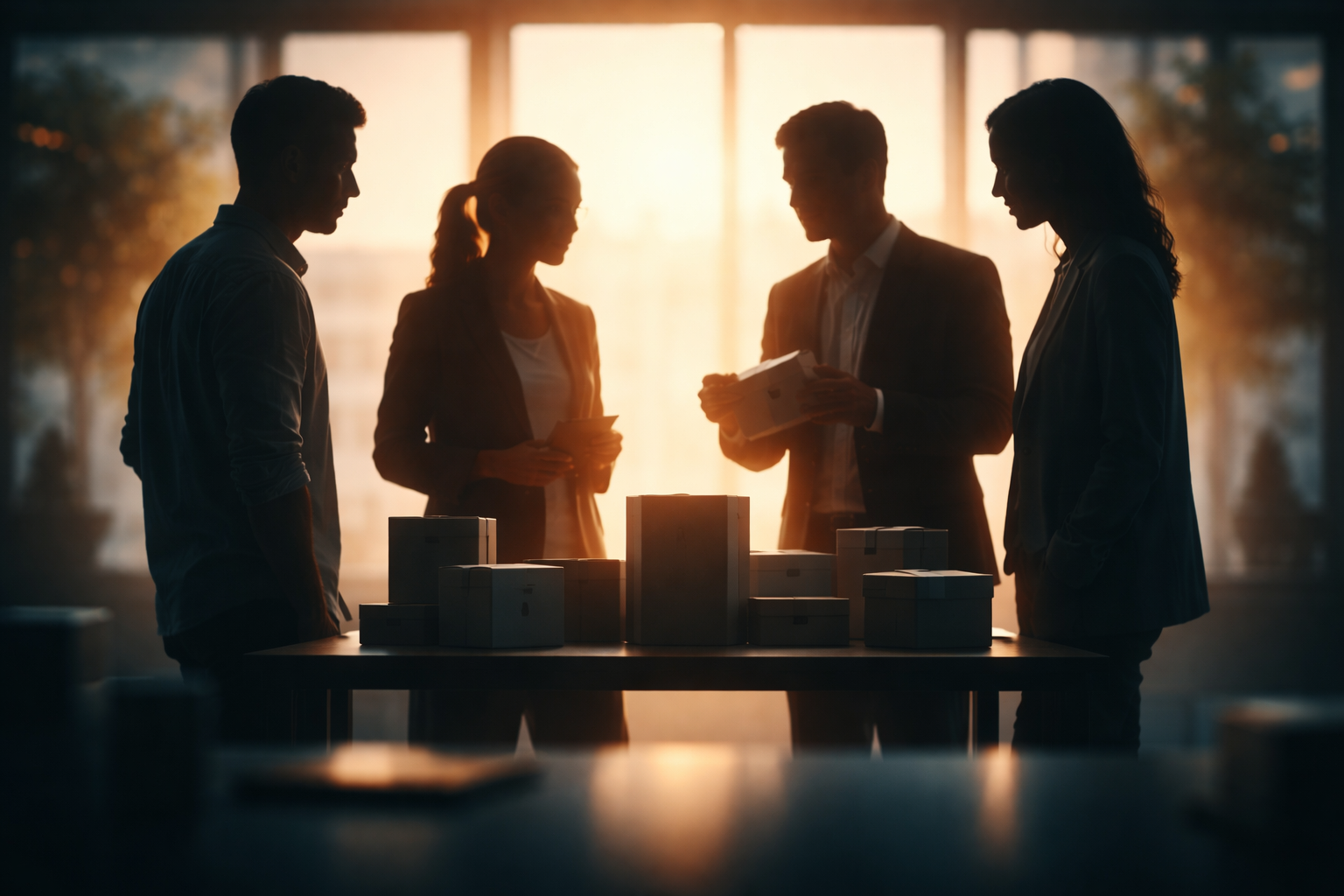 Backlit silhouette of four anonymous people — two entrepreneurs and two buyers — standing around a table with unbranded product packages in a softly lit conference space, warm rim light and muted colours, lower third left empty and out of focus.
