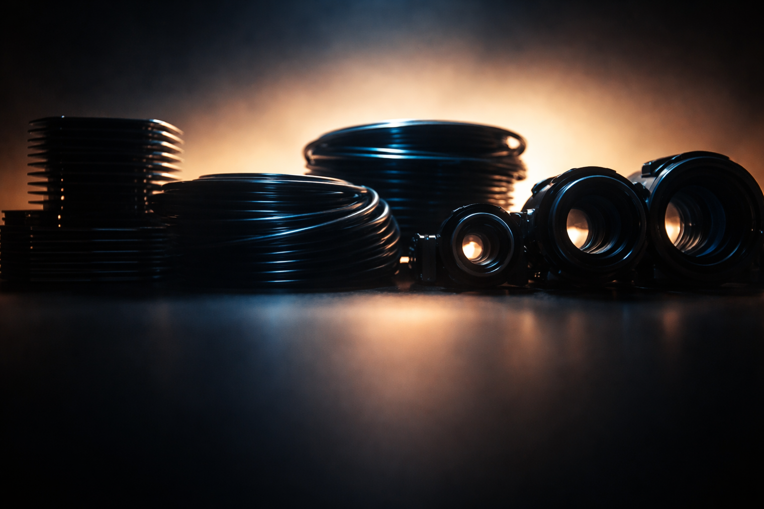 Backlit silhouettes of stacked finned heatsinks, coiled fiber‑optic spools and circular lens housings across the upper two‑thirds, with cool blue rim light and warm amber backlighting and a dark, quiet lower third.