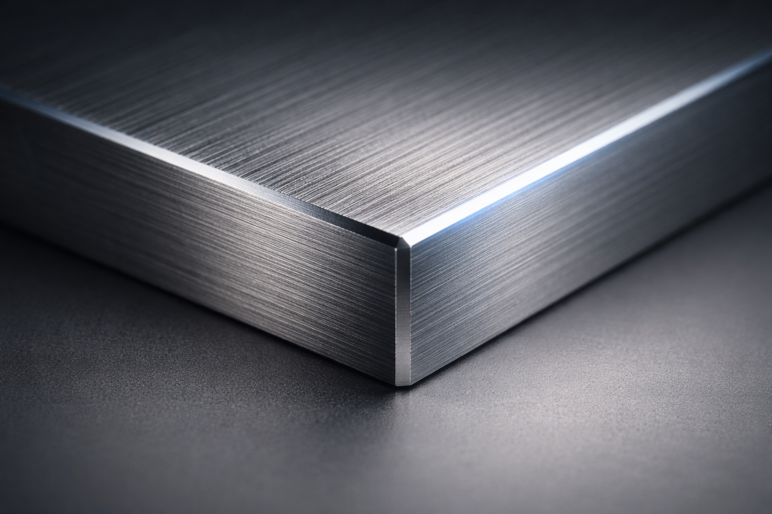 Macro close-up of a brushed titanium sheet’s machined edge with sharp micro-grooves and cool blue highlights, focused in the upper two-thirds over a dark, blurred lower third.