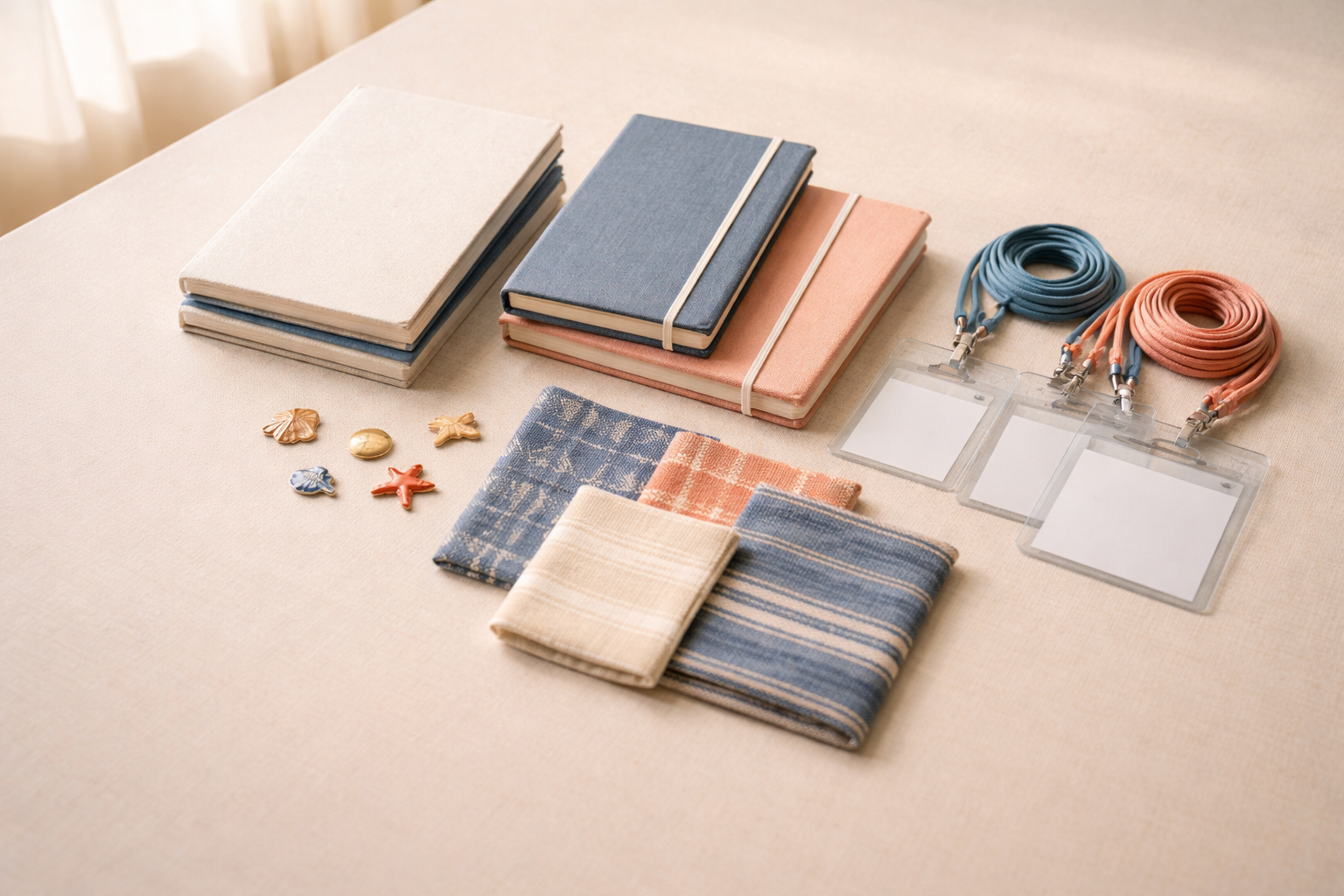 High-angle photo of conference materials — blank program booklets, lanyards with empty badge holders, pins and folded southern woven fabric — arranged in the upper two-thirds of a neutral table, with the lower third left clear.
