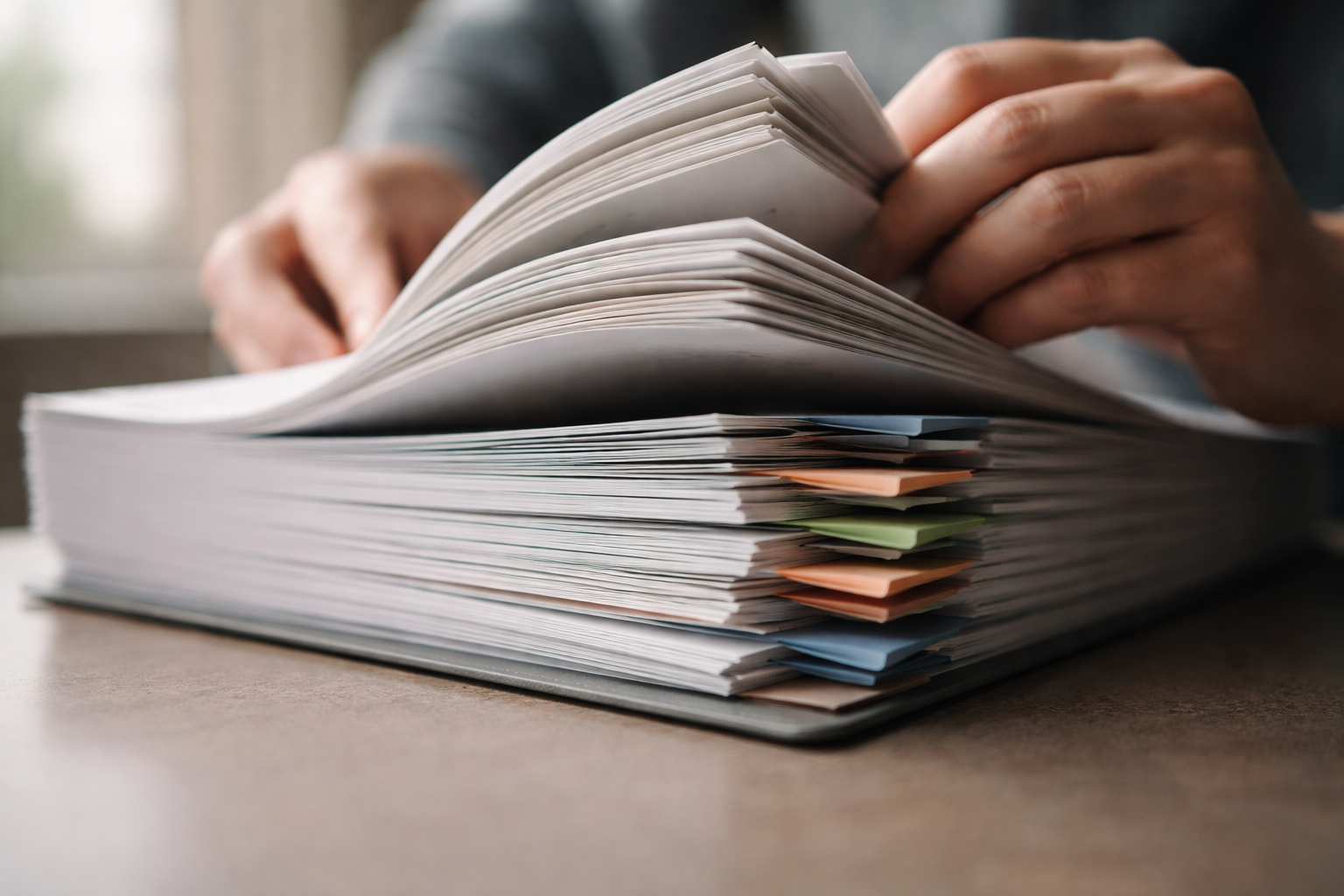 Close-up of anonymous hands flipping through unmarked matte pages of a deck, paper edges fanning in motion with visible grain, warm window light and a calm, muted tone; the lower third of the frame is empty.