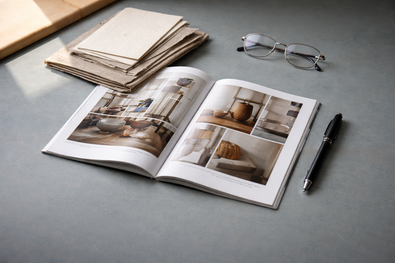 Top-down view of an unbranded desk with a glossy magazine spread, stacked papers, a black pen and reading glasses in soft window light; the bottom third is intentionally empty.