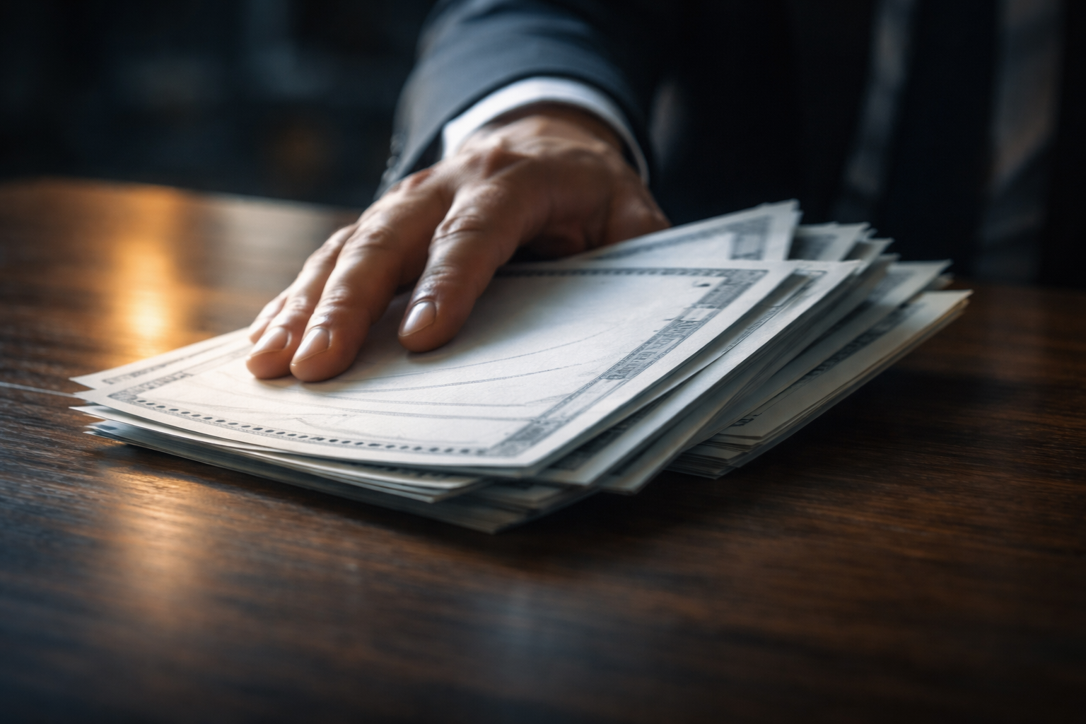 Close-up motion-blurred view of an anonymous cuffed hand sliding blank perforated trading slips and unbranded share certificates across a desk, cool side lighting with warm rim, shallow depth of field and a quiet, blurred lower third.