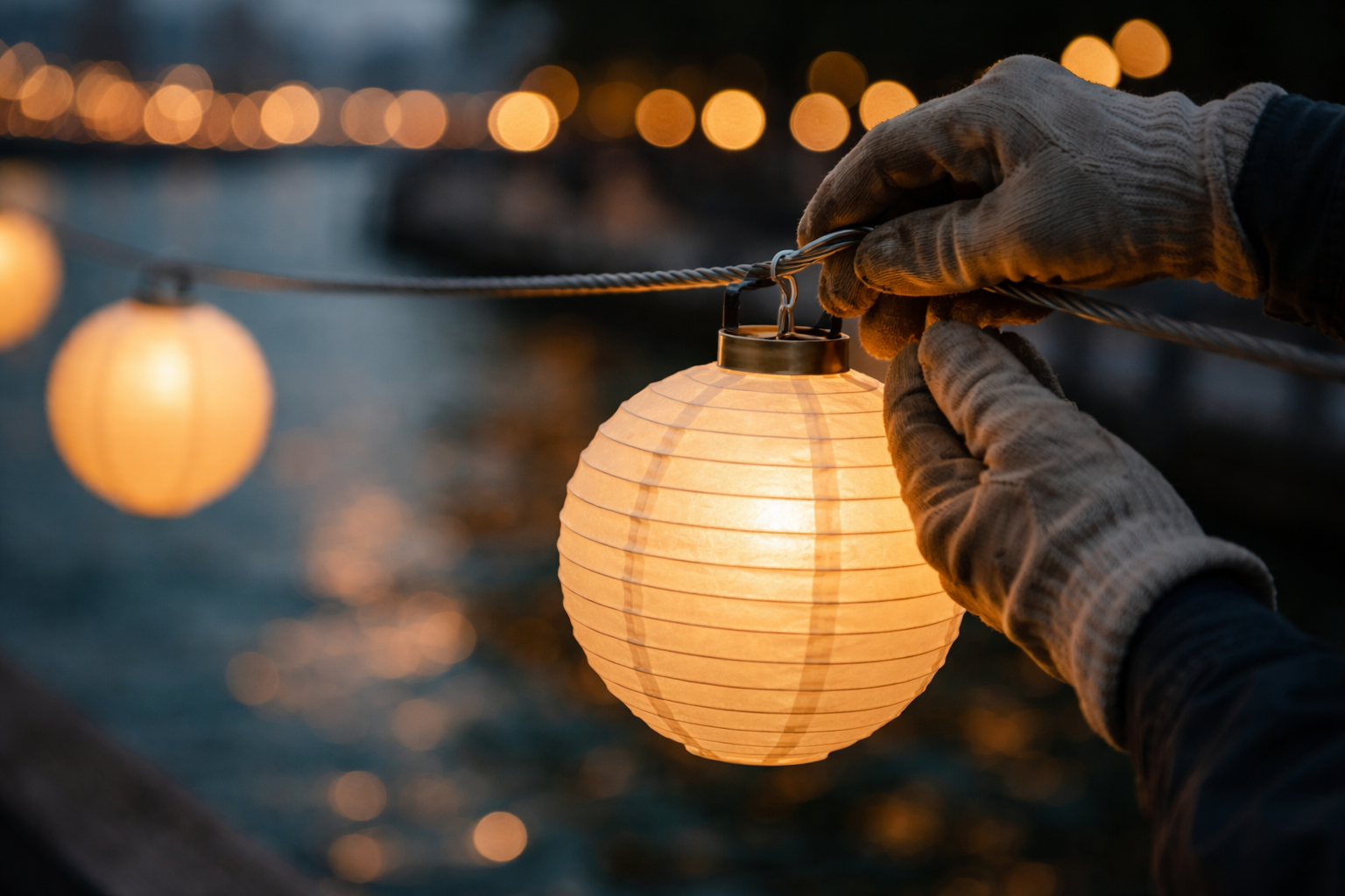 Close-up motion shot of gloved hands fastening a warm paper lantern to a cable above a riverside promenade, the lantern slightly blurred in motion with soft bokeh of evening waterfront lights behind.
