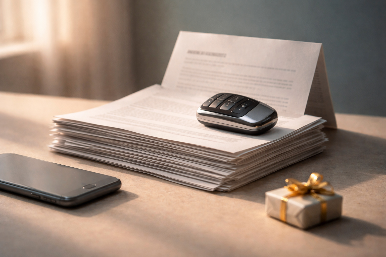 Low-angle close view of a stack of blank textured car-sale documents with an unbranded metallic car key fob resting on top, a blurred smartphone and small wrapped token nearby, warm window light and shallow depth of field, lower third left empty.