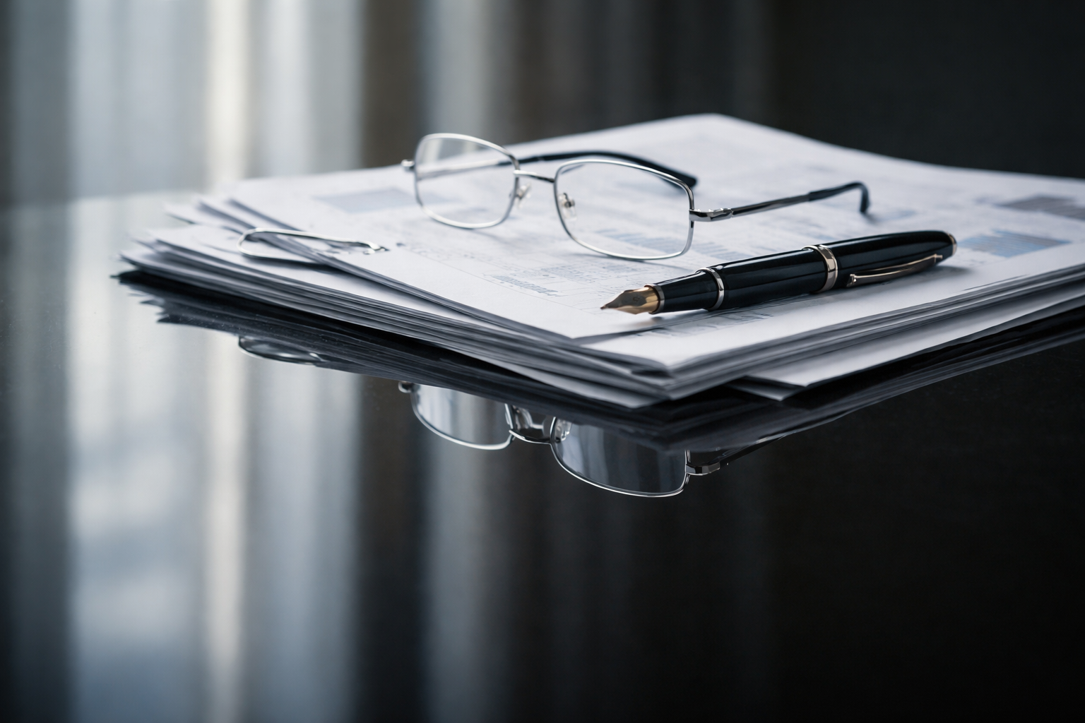 Close-up reflection of blurred financial papers, a fountain pen and reading glasses mirrored on a dark polished table, with the reflected objects centered in the upper two-thirds and the lower third left empty and dark.