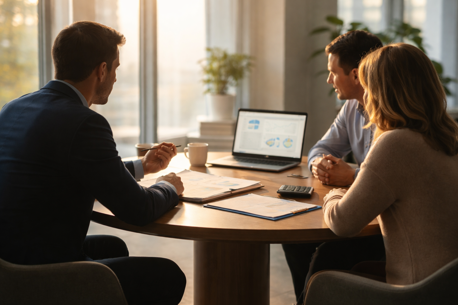 Wide photo of three anonymous people seated at a round table in a modern office, faces out of focus or turned away, bathed in warm side light with a muted blue-and-amber palette and a quiet lower third.