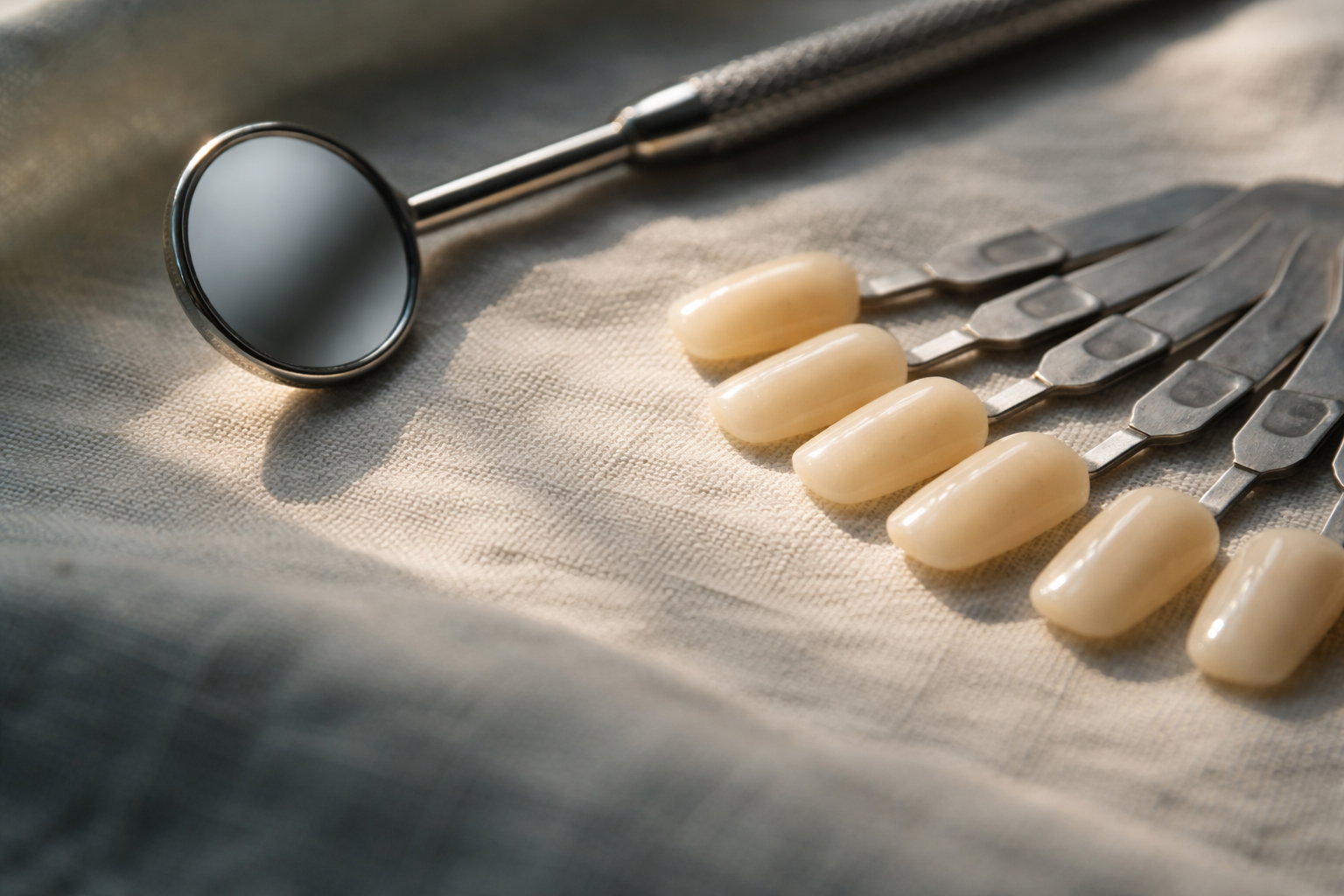 Macro photo of a polished dental mirror and fanned porcelain shade tabs on a linen surface, softly lit with warm side light and shallow focus; main subject sits in the upper two thirds with a quiet lower third.