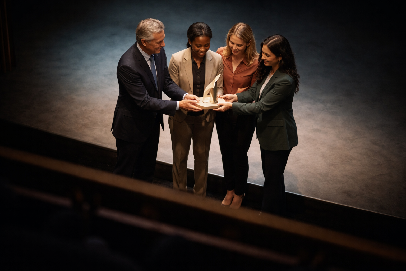 High-angle photo from above showing a small group of businesspeople on a softly lit stage in the upper two-thirds receiving a minimalist trophy, with the lower third left dark and empty.