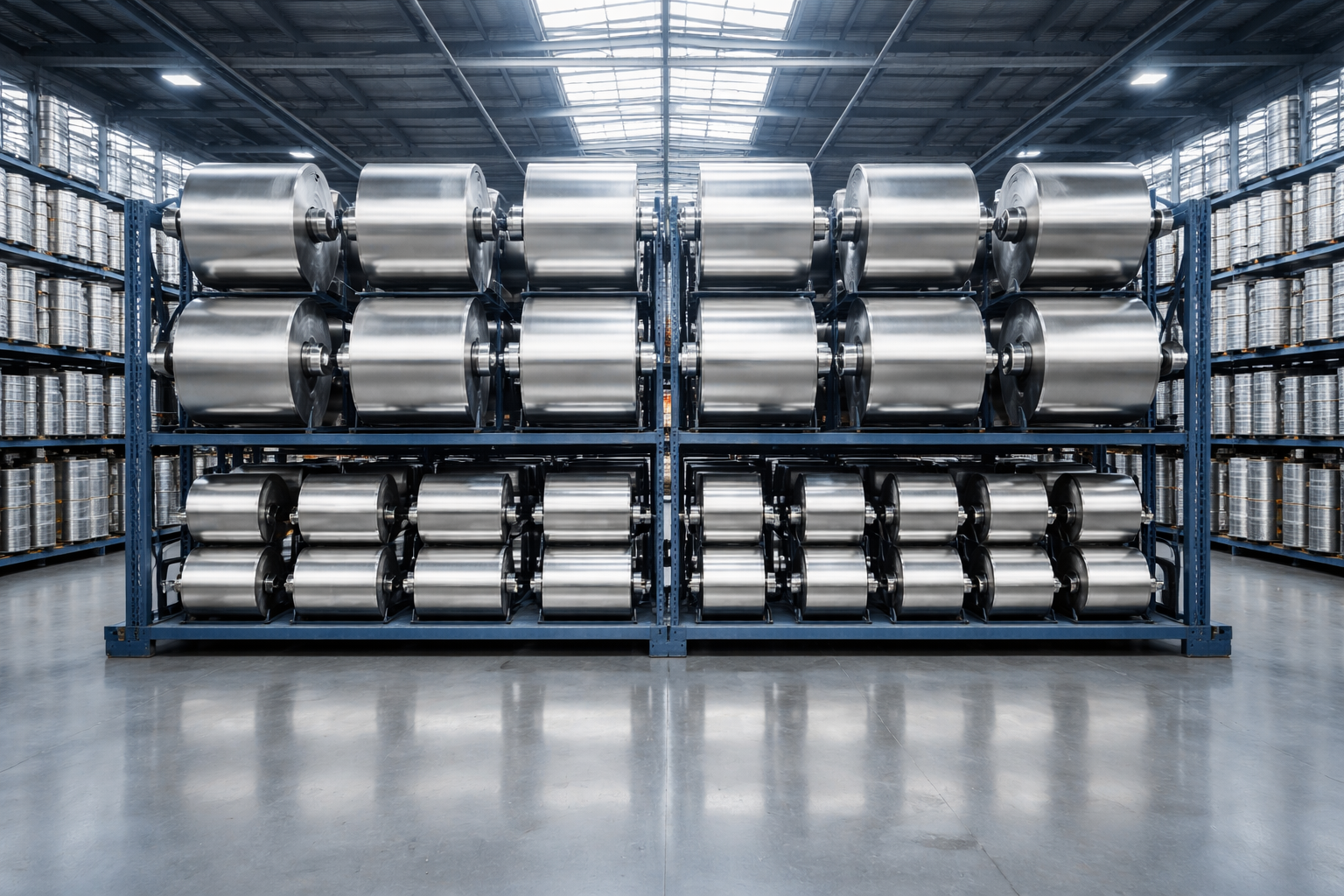 Wide view of a clean manufacturing bay showing rows of large unbranded metallic foil rolls and spools on racks under soft skylight, with the floor and lower third left uncluttered.