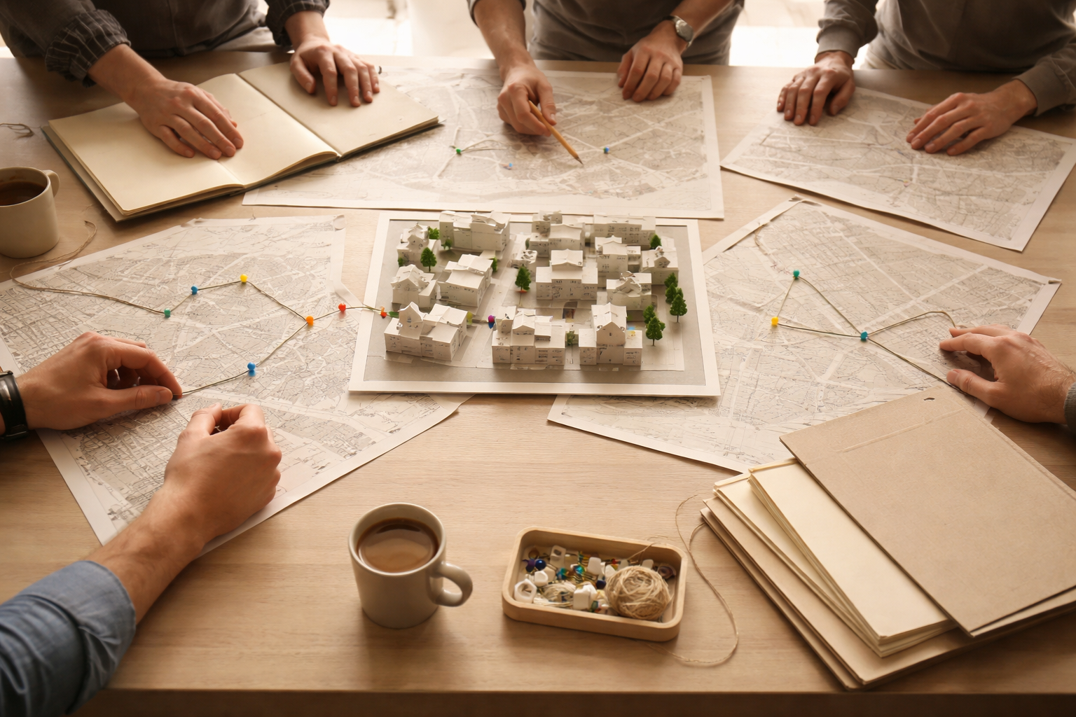 High-angle overhead photo of a coordination table where anonymous hands move maps, folders, push-pins and a small paper model, with activity concentrated in the upper two-thirds and the bottom of the frame left clear.