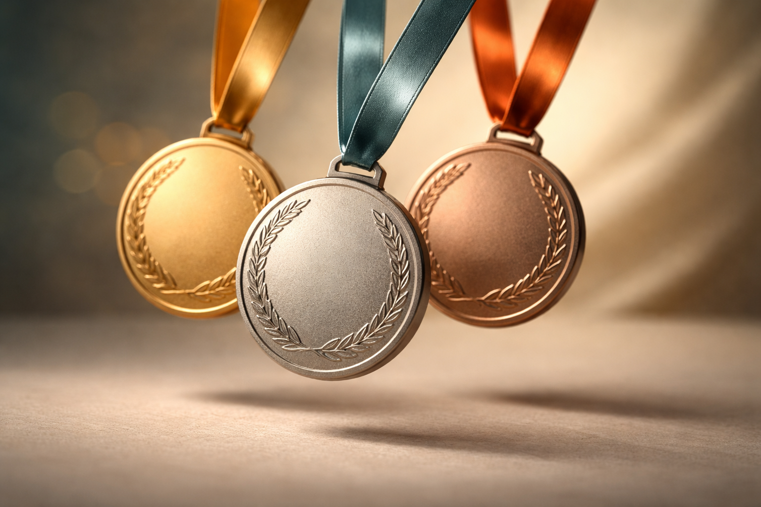 Close-up of three matte gold medallions with teal silk ribbons swinging in motion above a neutral tabletop, soft side lighting and shallow depth of field, subjects centered in the upper two-thirds with the lower third left uncluttered.