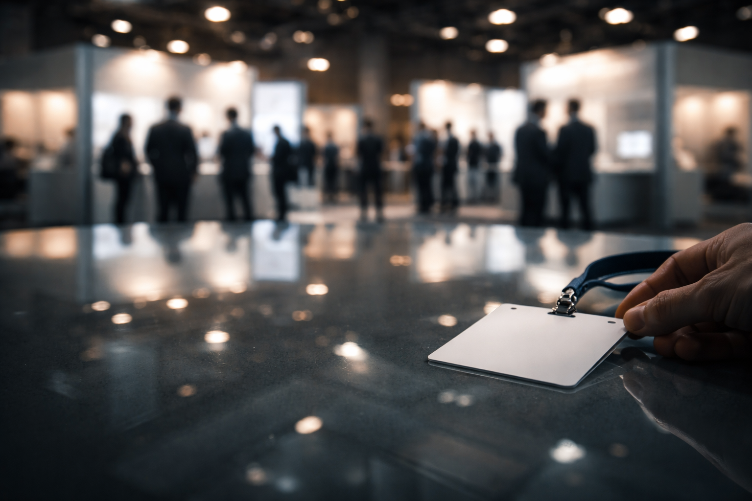 Soft reflection on a glossy tabletop showing blurred exhibition booths and anonymous attendees at an investment expo, activity framed in the upper two thirds with a quiet, uncluttered lower third.
