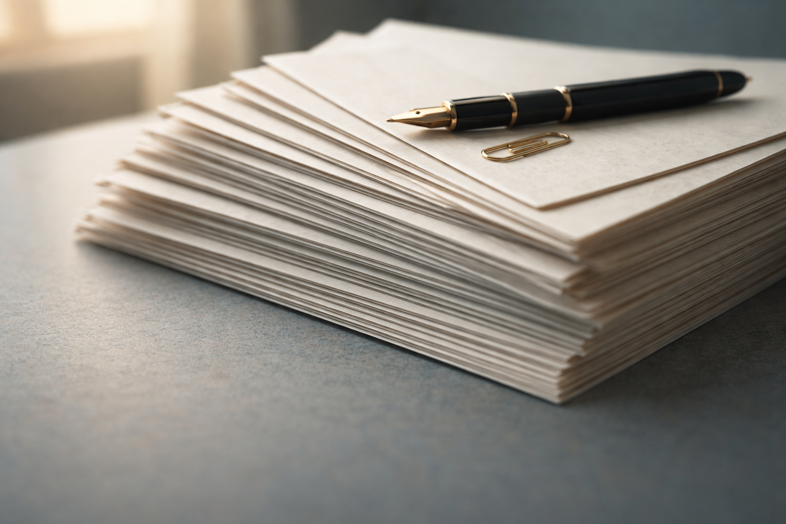 Low-angle close photo of fanned, textured paper documents with a black fountain pen and brass paperclip on top, soft warm light and a blurred, empty lower third.