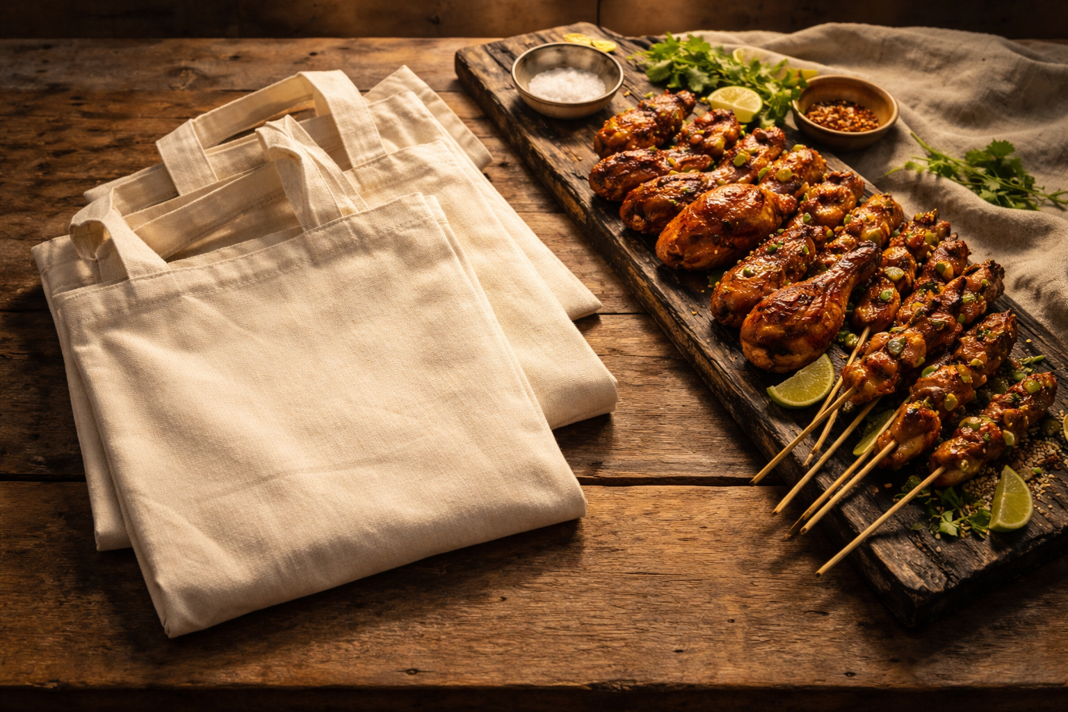 Wide still-life of unbranded cotton tote bags beside a long wooden board of glazed grilled chicken and skewers on a rustic table, lit by warm side light with the objects positioned in the upper two-thirds and the bottom area left empty.