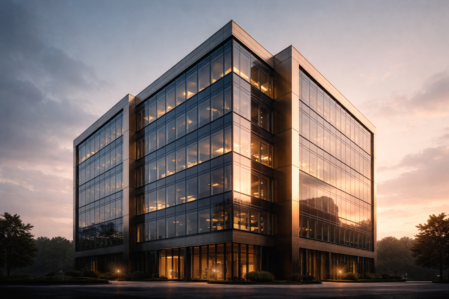 Low-angle dawn photograph of a modern glass-and-metal office tower with warm sunlight on the upper façades and an empty, quiet lower third.