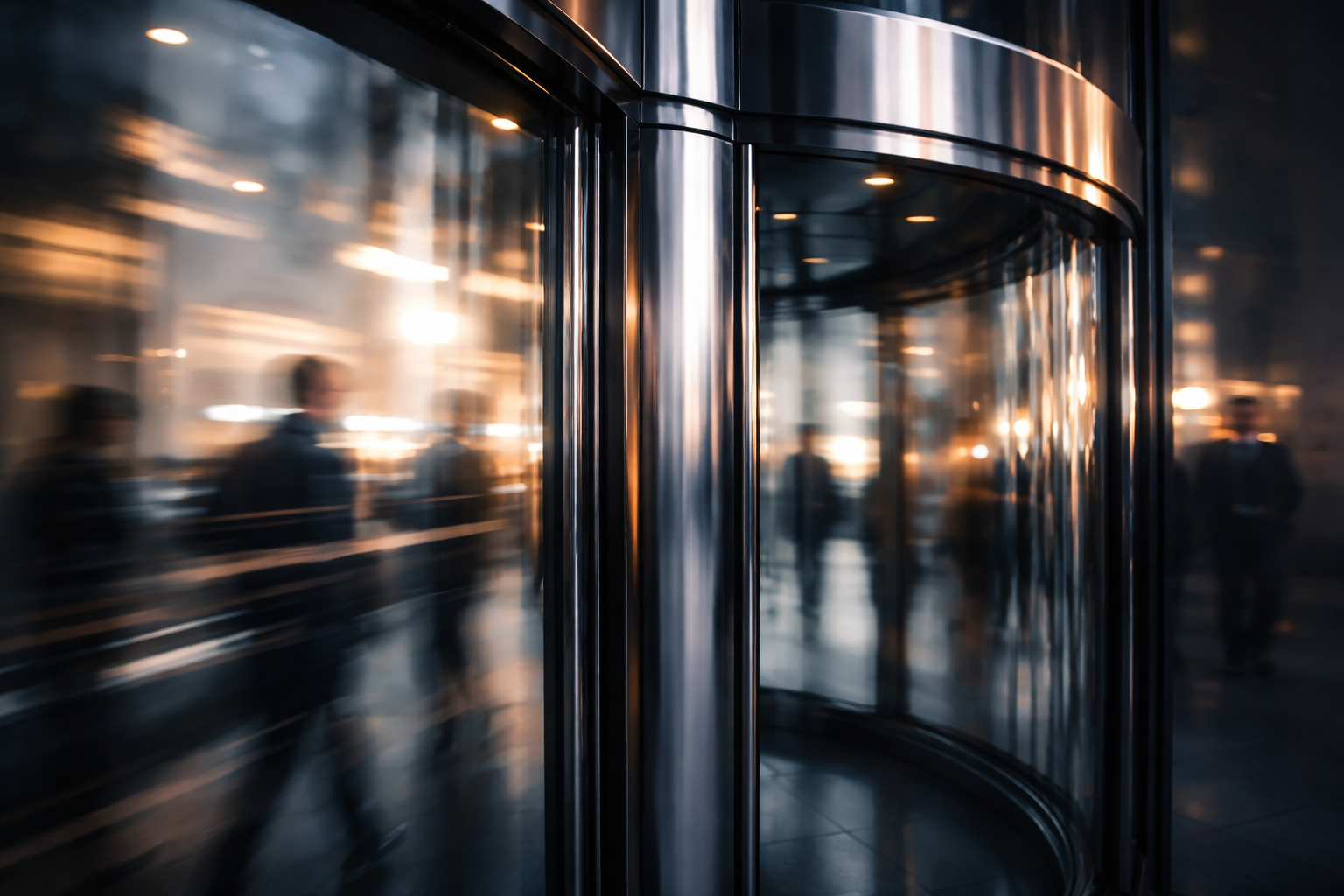 Tight motion-detail close-up of a polished stainless-steel revolving door and curved glass reflecting blurred streaks of pedestrians and city lights in cool twilight tones, with the lower third left darker and uncluttered.