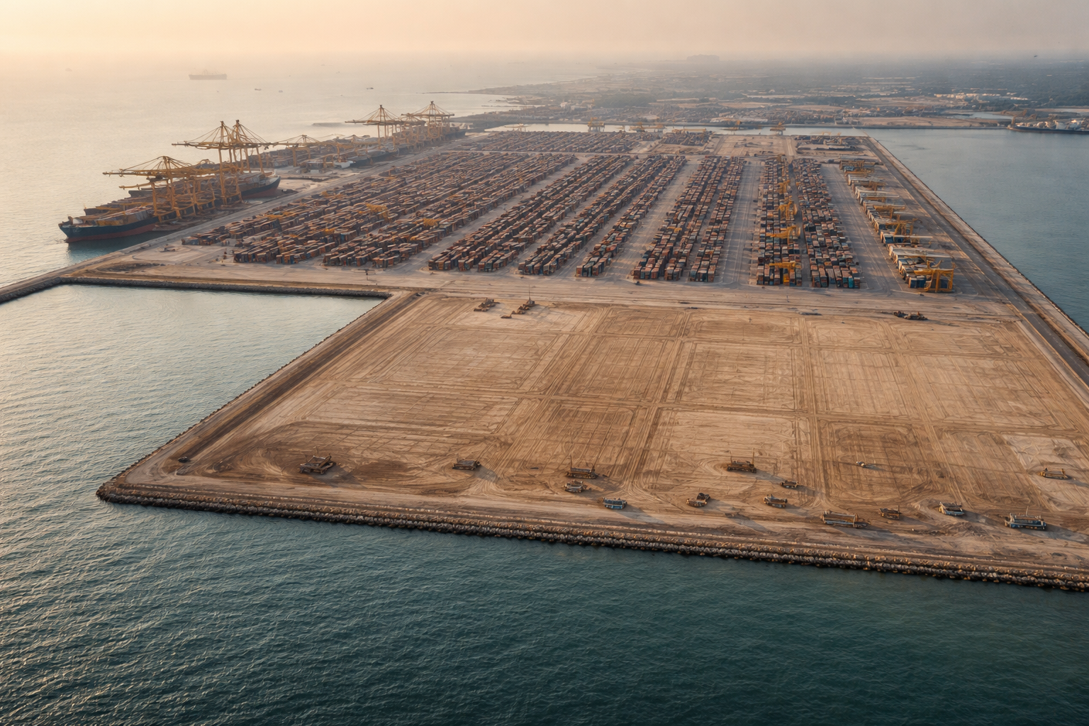 High-angle aerial photo of a coastal container terminal: geometric rows of unbranded containers and a newly cleared adjacent lot for yard expansion bathed in warm late-afternoon light, with the main activity in the upper two-thirds and an uncluttered bottom third.