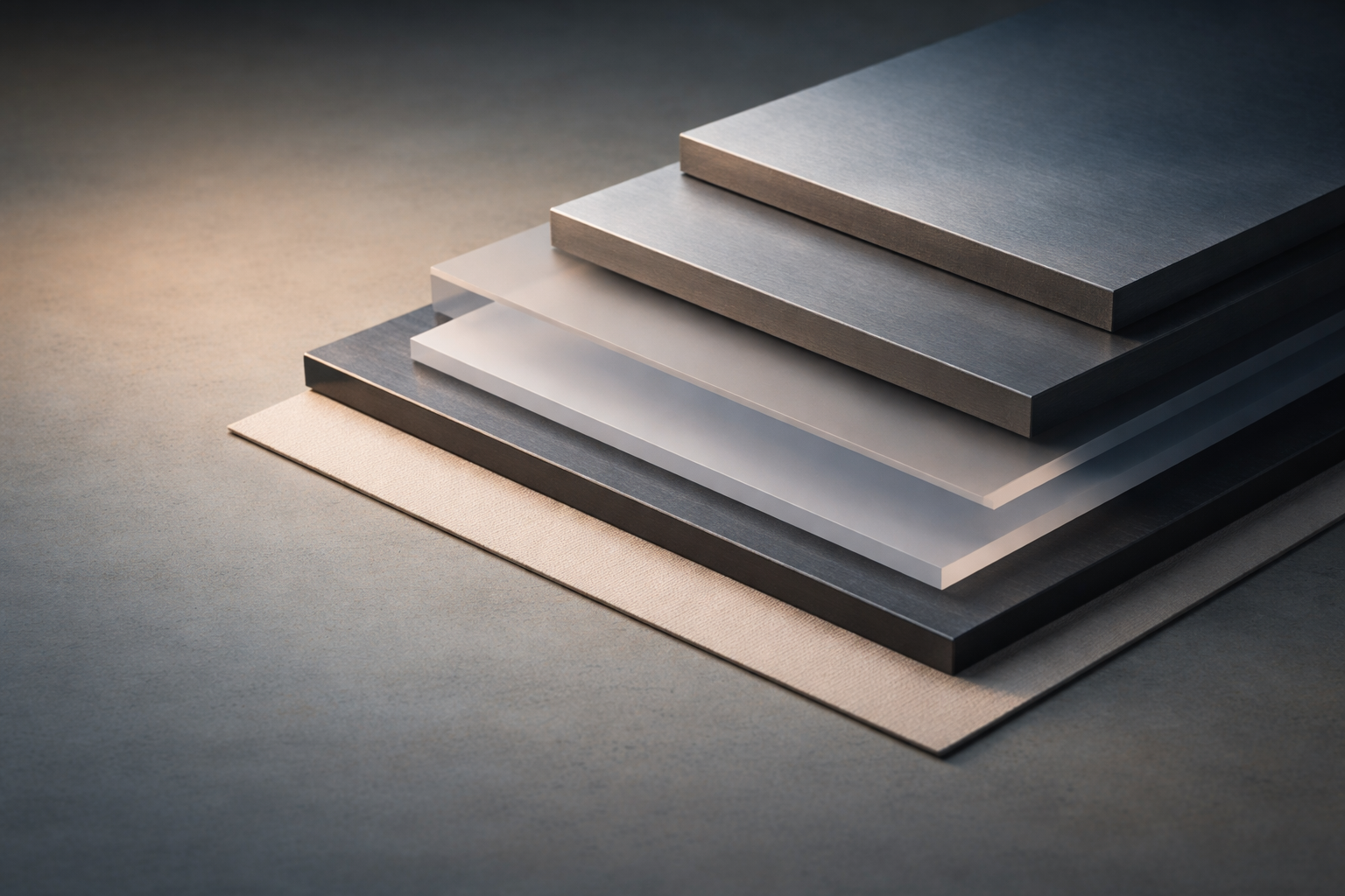 Wide studio still life showing stacked matte metal plates, frosted acrylic sheets and textured cardstock arranged diagonally and centred in the upper two-thirds of the frame, lit with warm side key and cool fill in a muted blue-gray and beige palette, lower third left empty.