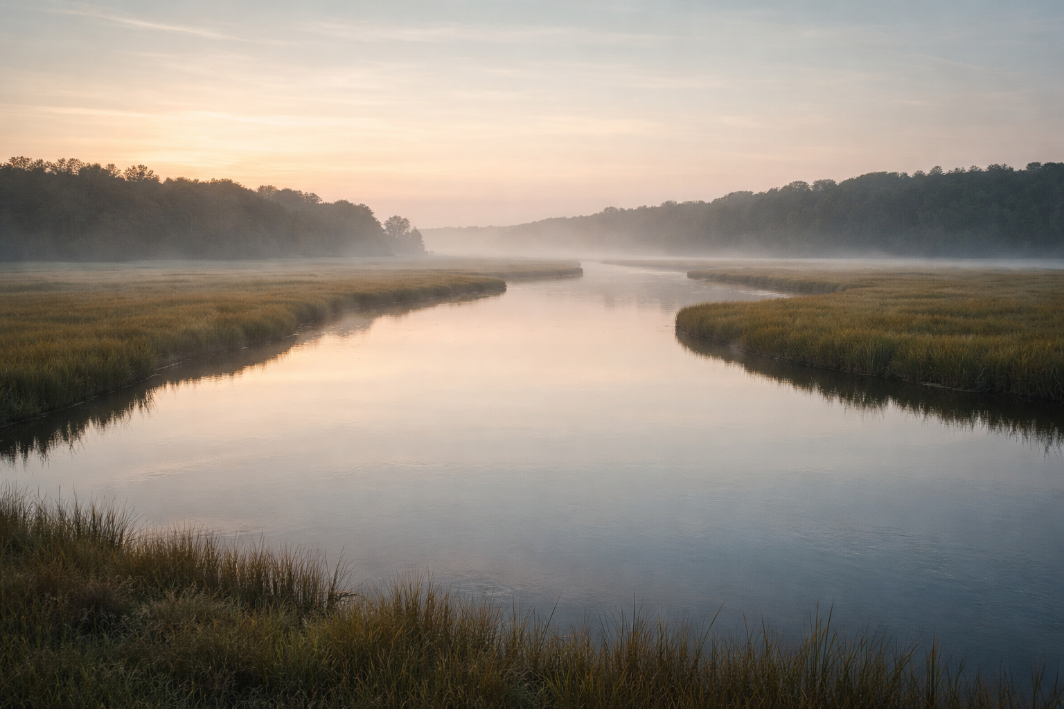 A wide dawn view of a winding marsh river whose smooth surface perfectly reflects a pale sky and low treeline, with soft mist and a quiet lower third.