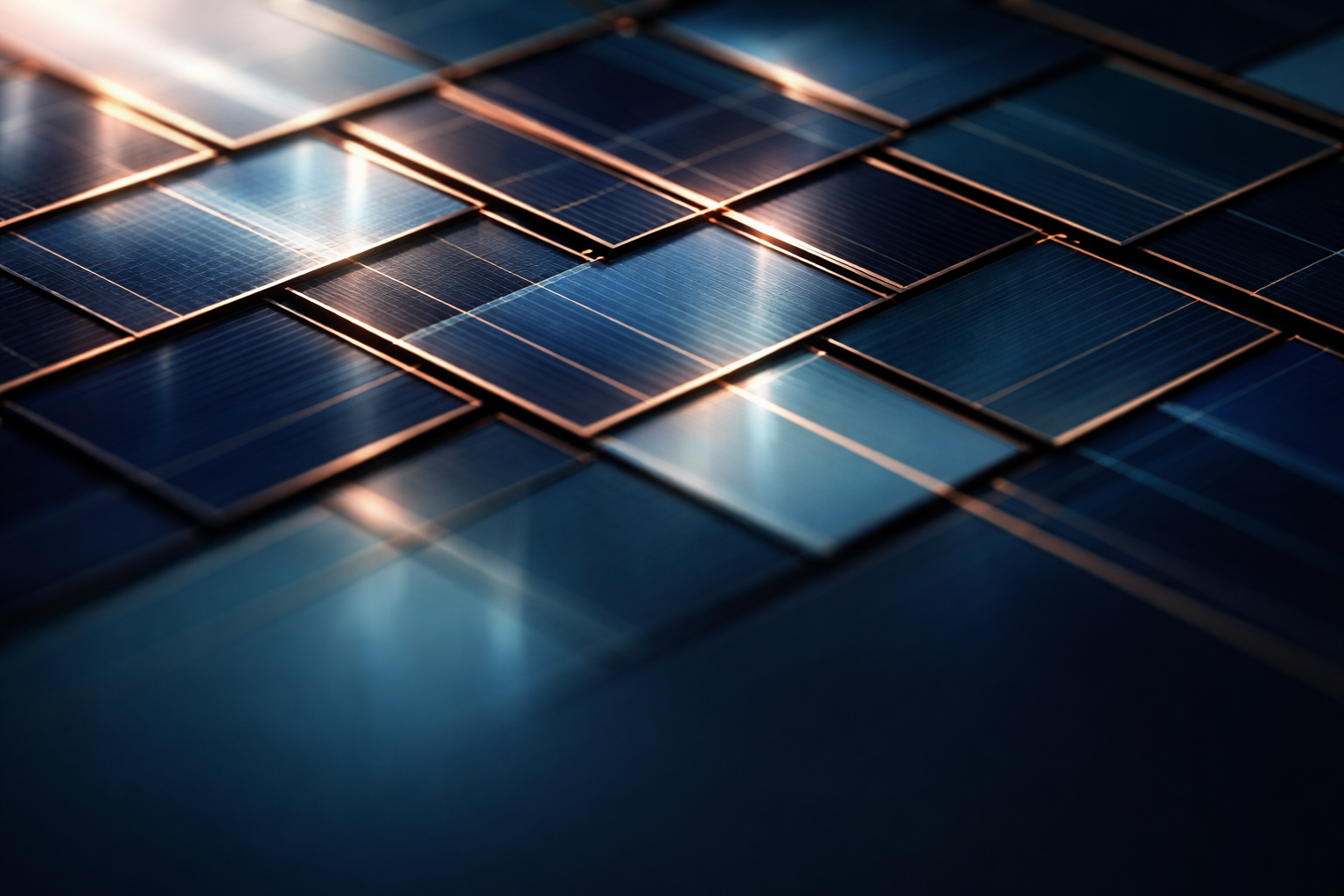 High-angle close-up of overlapping dark-blue solar cell fragments and thin copper busbars forming a geometric mosaic, lit by soft morning light with warm glints; the composition sits in the upper two-thirds while the lower third is blurred and empty.