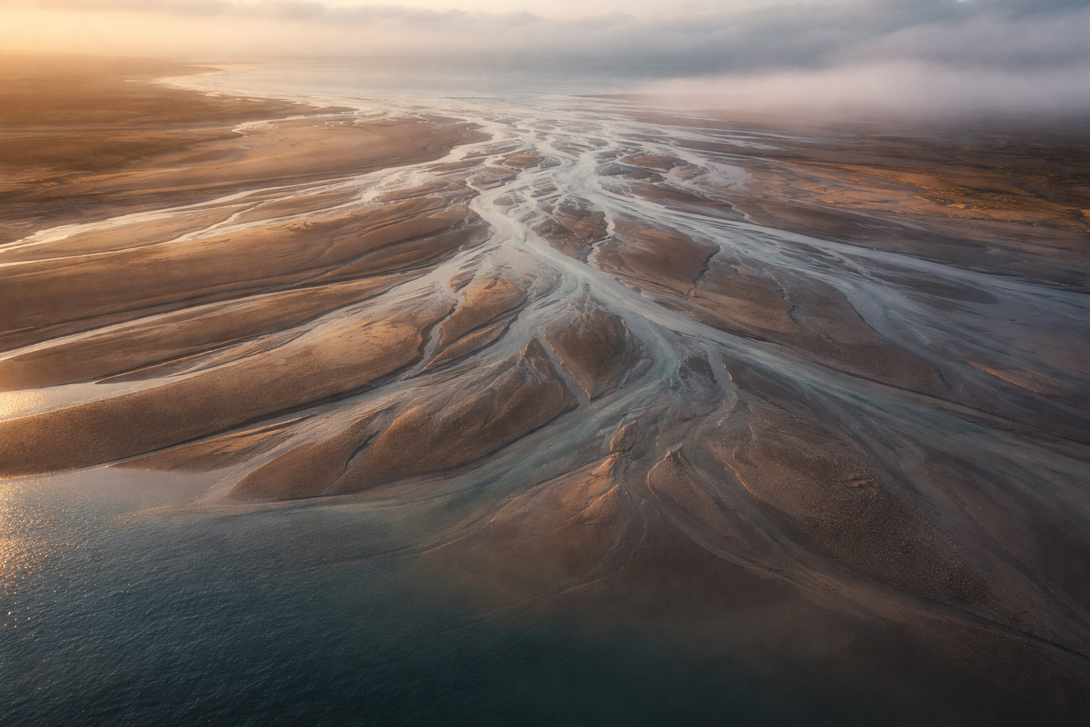 Aerial view of a braided river delta with converging channels and tidal flats in the upper two-thirds, and a calm, uncluttered sandy shoreline in the lower third, lit by soft golden-hour light.