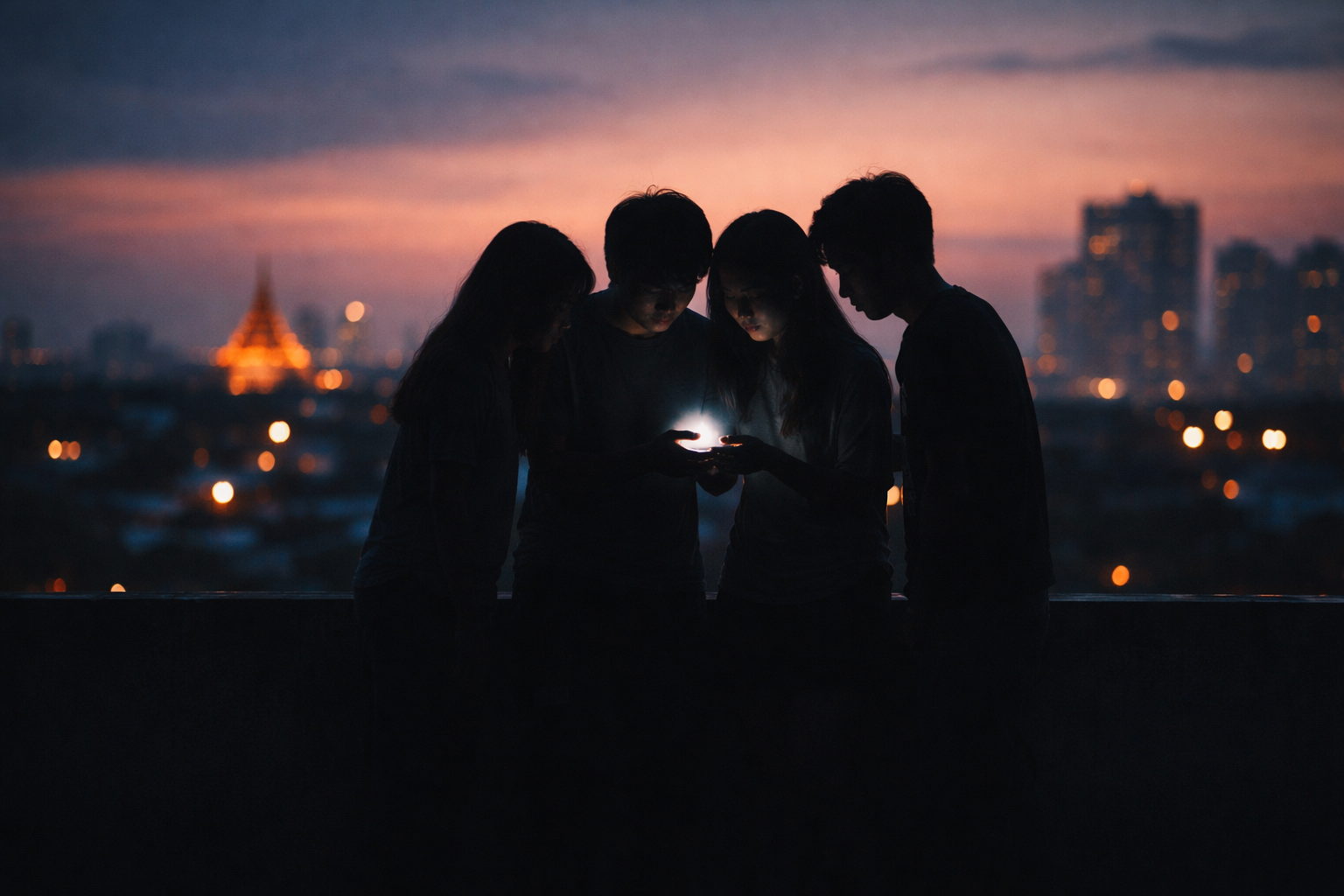 Four anonymous people in silhouette gathered around a softly glowing smartphone on a rooftop at dusk, with a blurred Southeast Asian city skyline behind them and an empty foreground in the lower third.