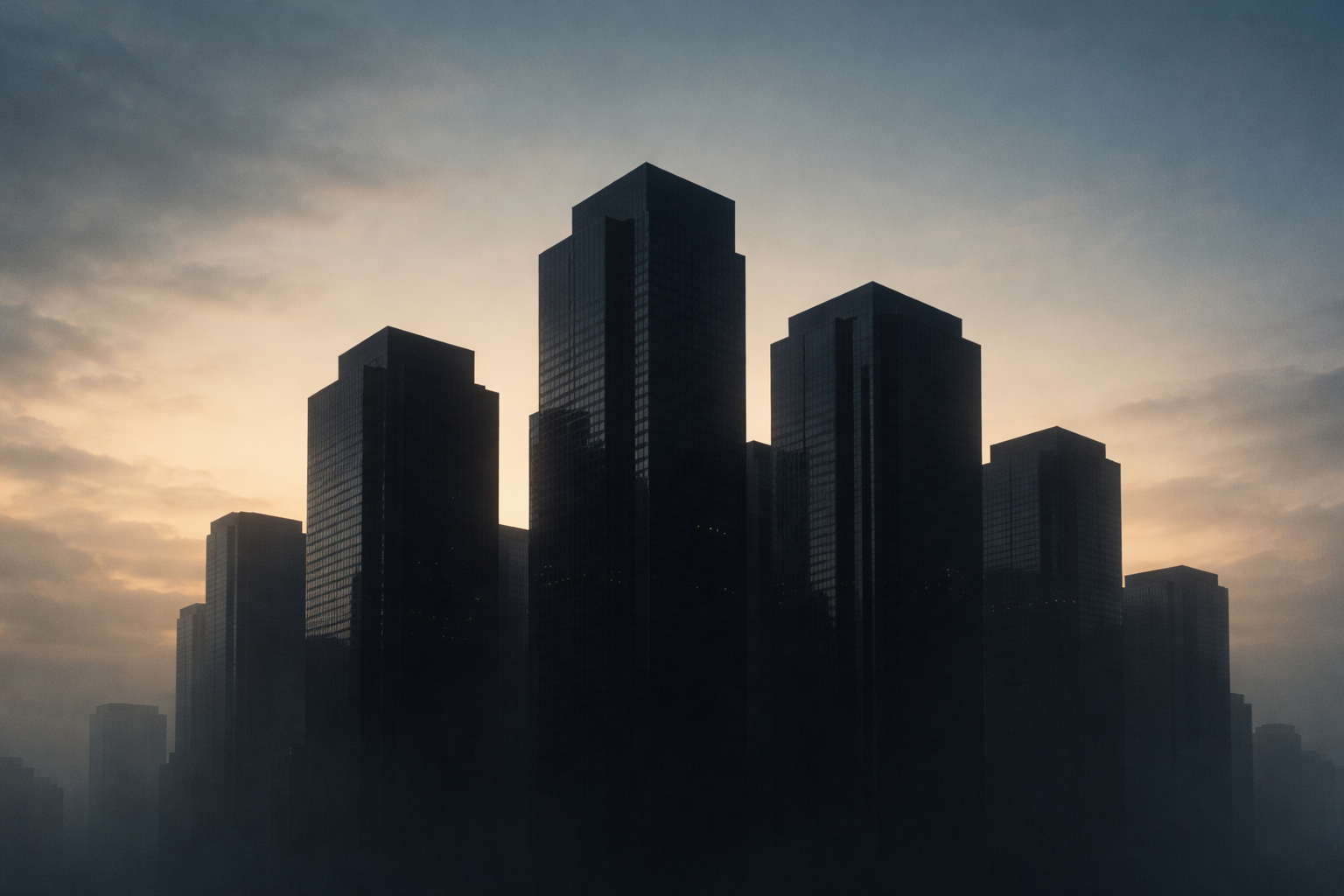 Low-angle dusk silhouette of anonymous modern office towers centered in the frame, their dark geometric outlines rim-lit against a warm blue-gold sky, with the lower third of the image left clean and shadowed.