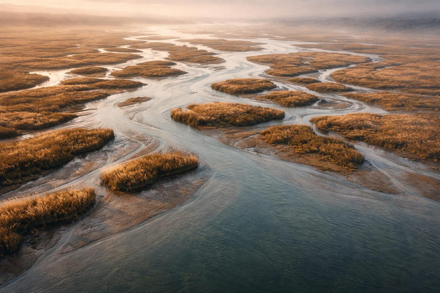 High-angle aerial photo of a braided river estuary with winding channels and reed islets centered in the upper two-thirds, soft golden-hour light and muted blue-ochre tones, leaving the lower third calm and empty.