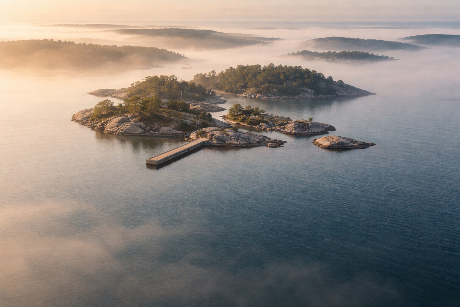 High aerial photograph of a misty coastal archipelago at dawn with a central cluster of rocky islands and a solitary concrete pier in soft blue and warm ochre light; the bottom third of the frame is intentionally empty.