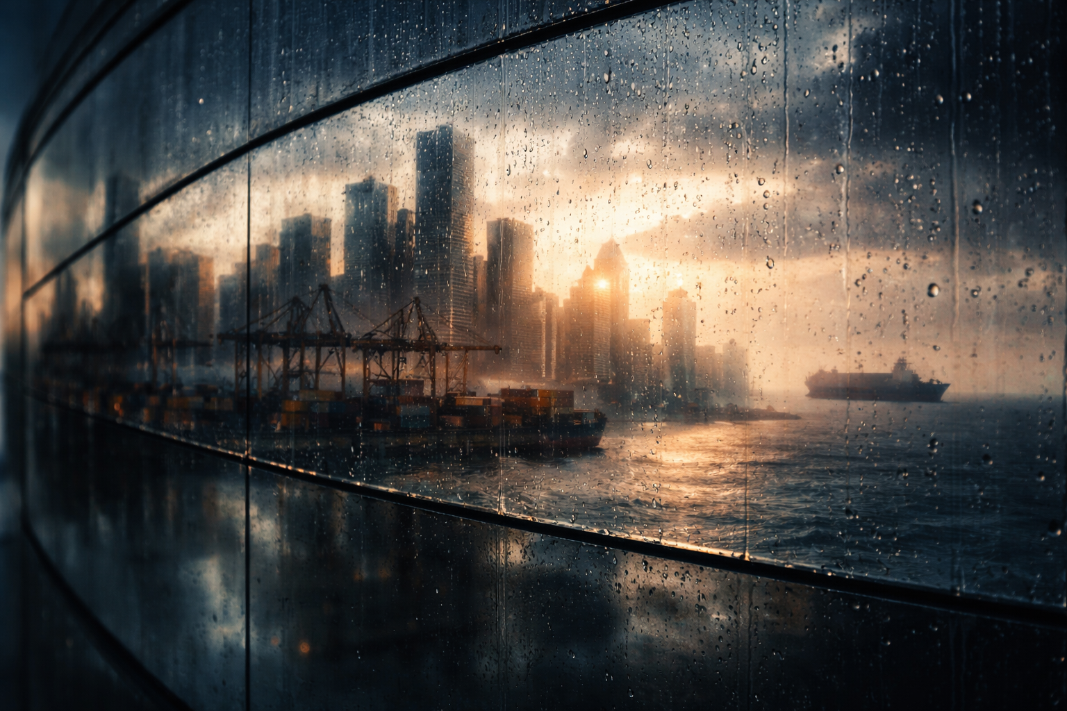 Rain-speckled curved glass façade reflecting a distorted city skyline, container cranes and a distant oil-tanker silhouette, concentrated in the upper two-thirds with a muted blue-and-amber palette and a calm, empty lower third.