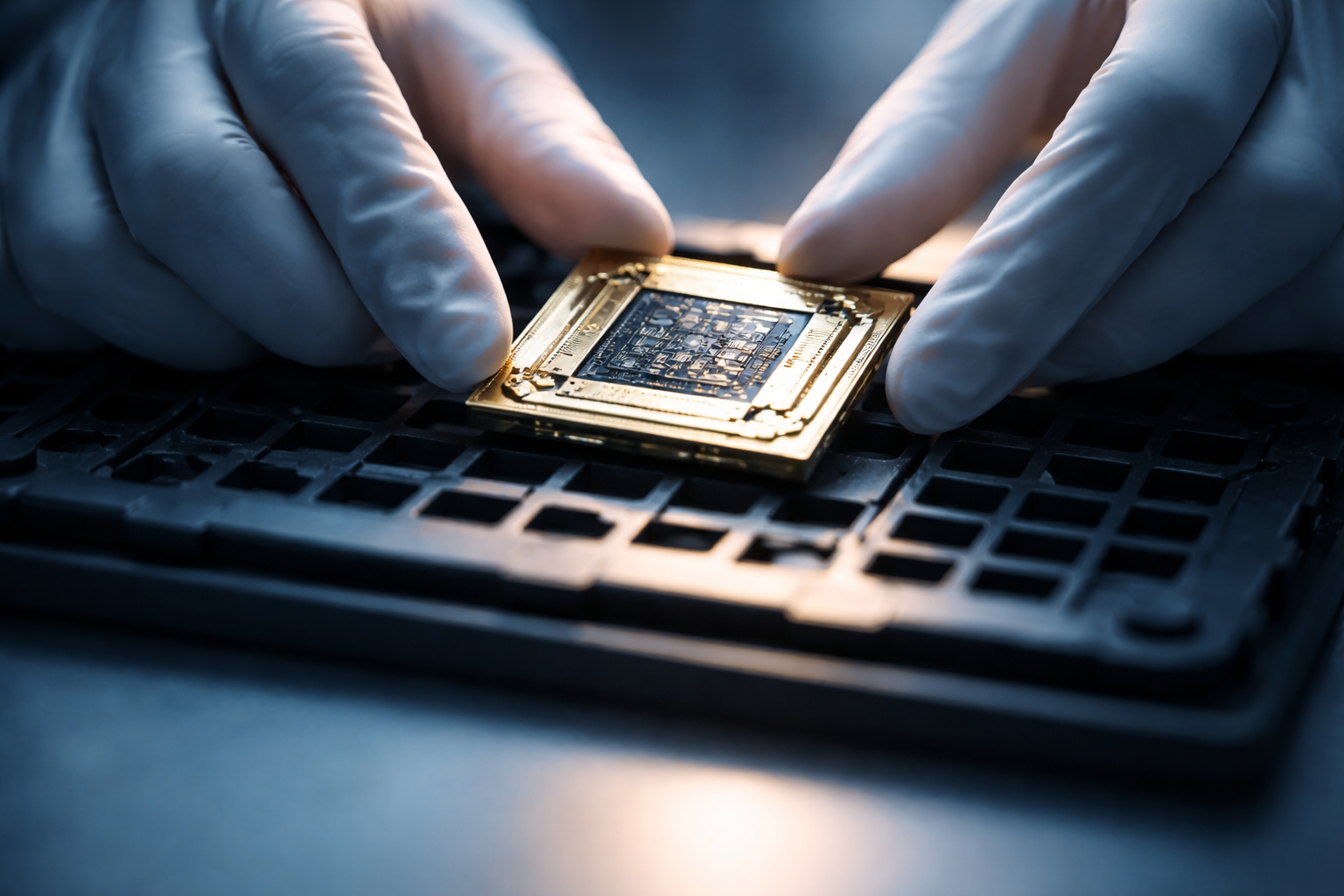 Close-up motion-blur of anonymous gloved hands setting a small unbranded quantum processor on an anti-static tray, centered in the upper part of the frame with the lower third soft and empty.