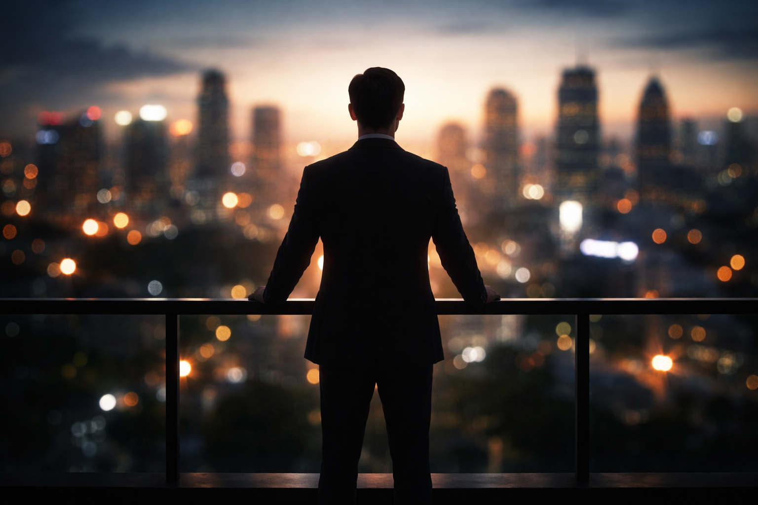 Silhouette of one person on a balcony at dusk, rim-lit against a blurred city skyline with warm golden bokeh and a dark, empty lower third.