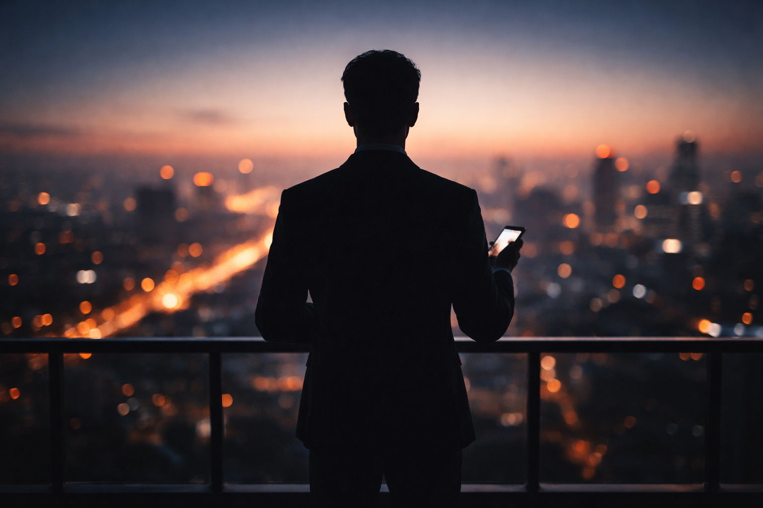 A dark silhouette of one person on a balcony at dusk holding a smartphone against a softly blurred city skyline, warm blue‑orange light and a dim, empty lower third.