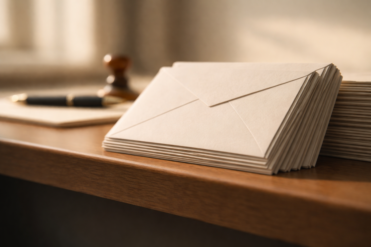 Low-angle photo of a neat stack of unbranded letters and envelopes resting on a wooden desk, paper edges sharply focused with a blurred fountain pen and stamp behind, warm side light and an empty lower third.