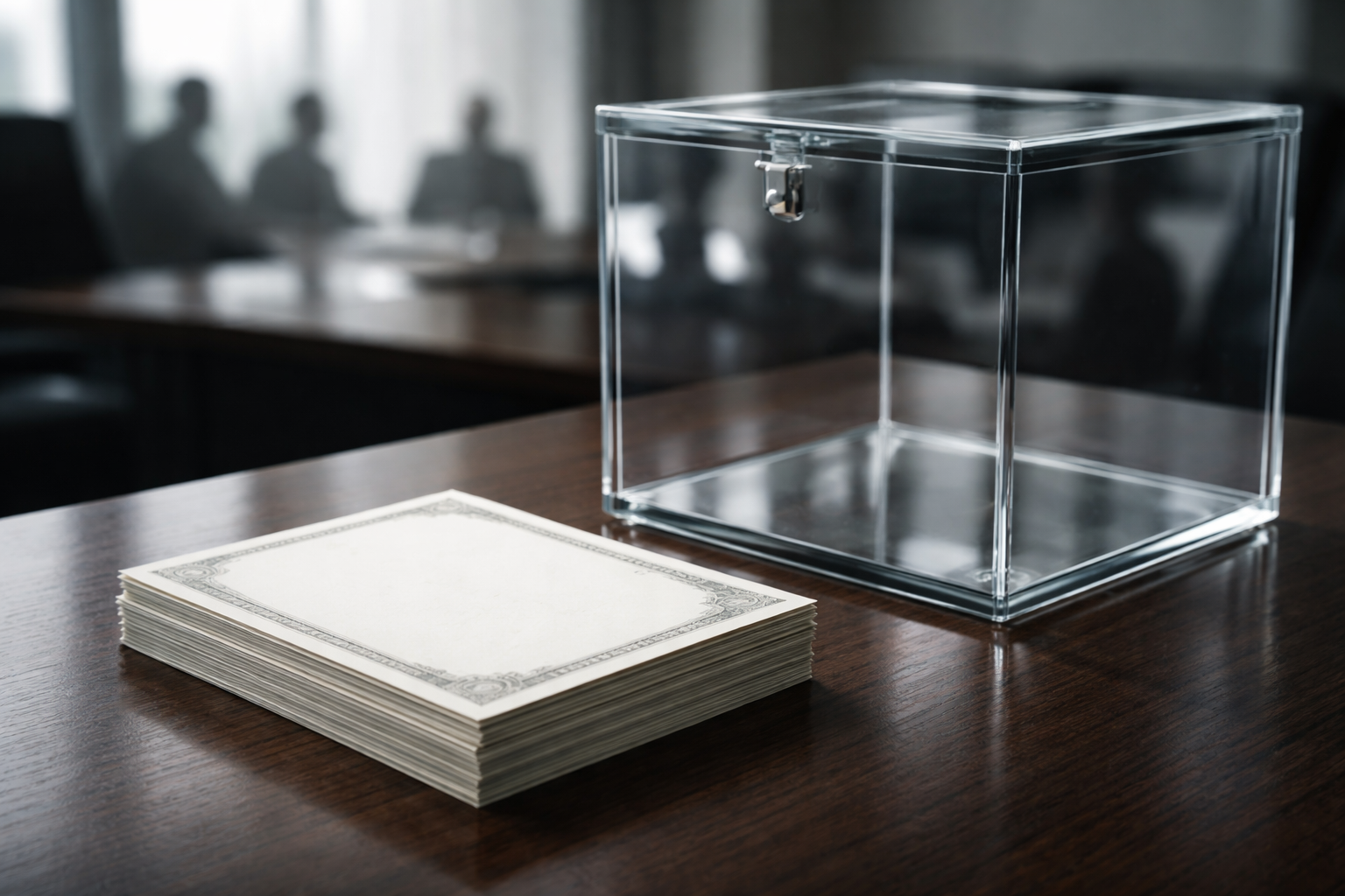 Close-up of a glossy glass ballot box and a stack of unmarked share certificates on a polished dark wood table, with soft window light and blurred reflections of anonymous meeting silhouettes in the glass, leaving the lower third calm and uncluttered.