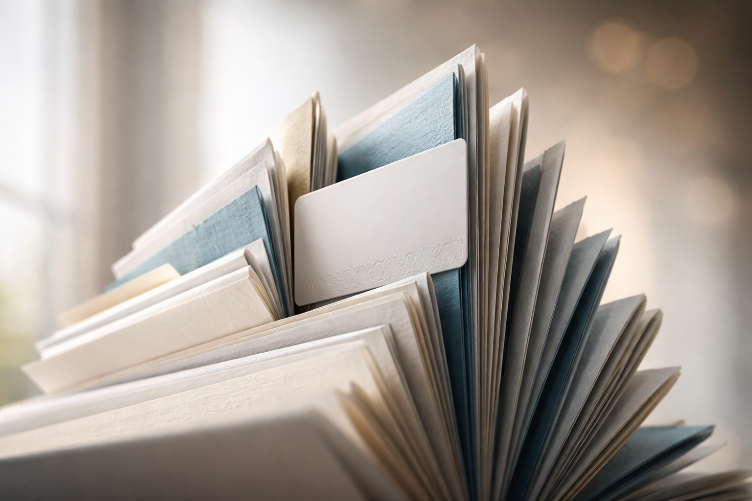 Low-angle close-up of fanned contract pages and a blank plastic card with embossed foil details, softly lit with the bottom of the frame blurred.