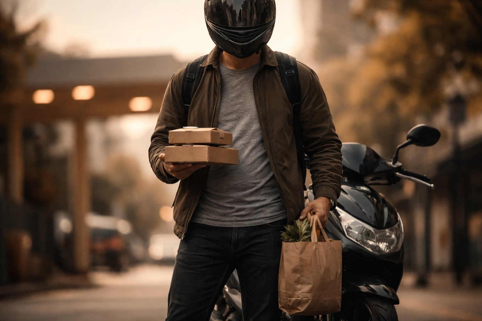 Low-angle portrait of an anonymous commuter by a parked motorbike on a city street at golden hour, holding a takeaway food box and a grocery bag, with the background softly blurred and the lower third of the frame left empty.