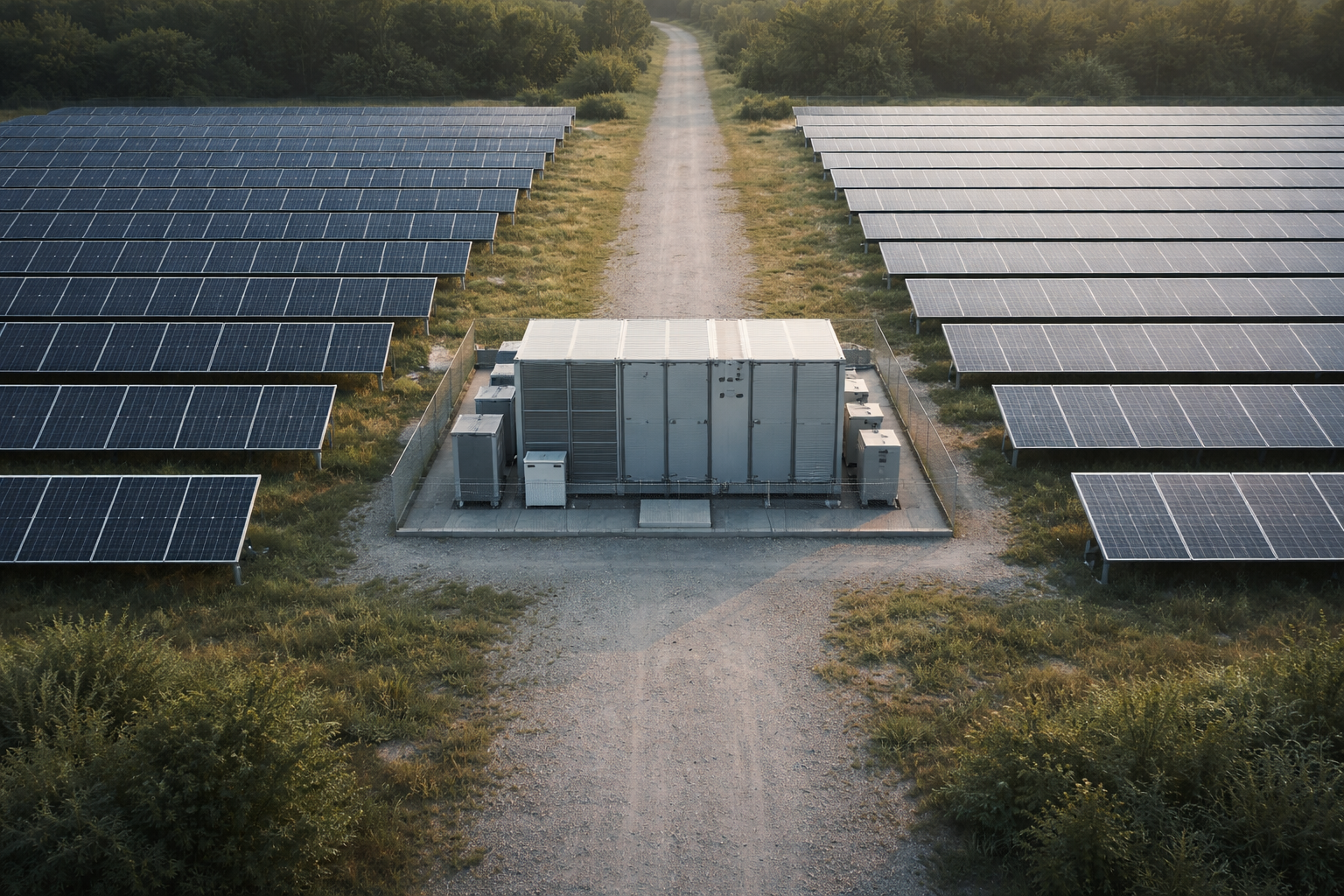 High-angle photo of a small clean-energy site with rows of solar panels and a modular battery container centered in the upper part of the frame, shot in soft morning light with the lower third left empty gravel foreground.