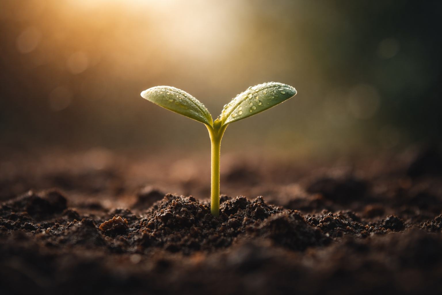 Low-angle photograph of a lone green seedling pushing up from moist soil, its dewy leaves lit by warm side light and set against a soft blurred background, with the lower third dark and empty.