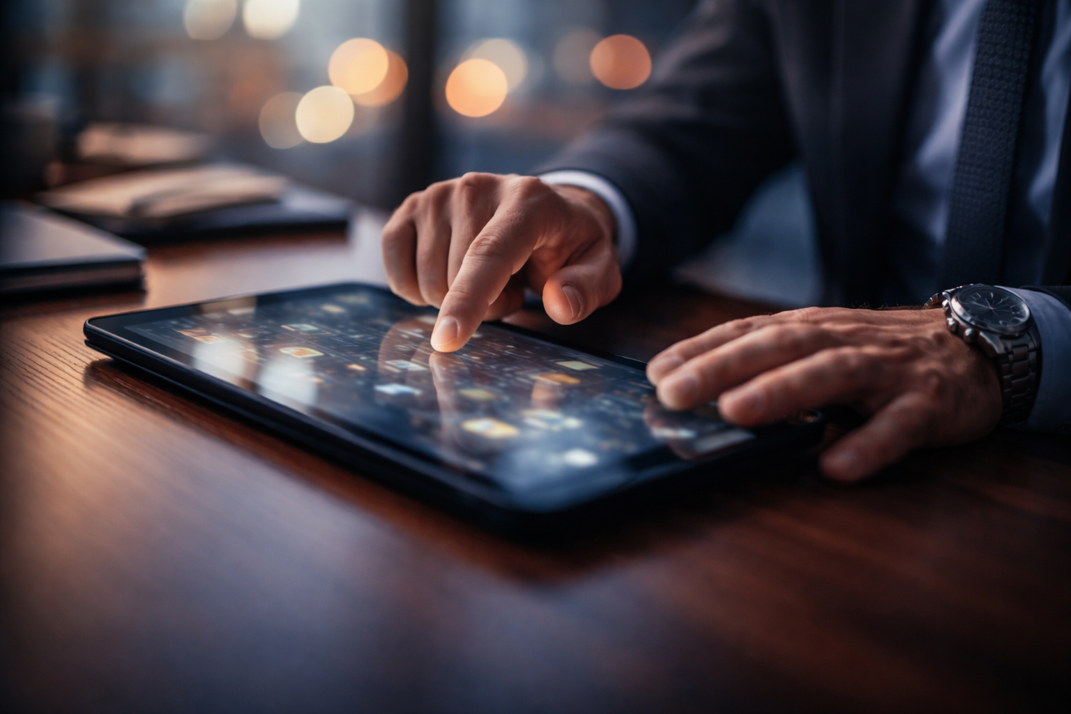 Close-up of an analyst's hands swiping a tablet on a wooden desk at dusk, with soft city-light reflections and motion blur; the lower third is left dark and empty.