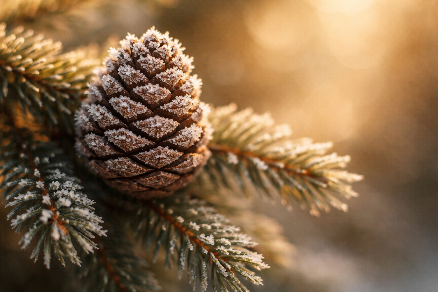 Tight macro photograph of a frost-kissed pine cone on an evergreen branch with warm backlight and soft bokeh; the cone sits in the upper two-thirds and the lower third is left uncluttered.