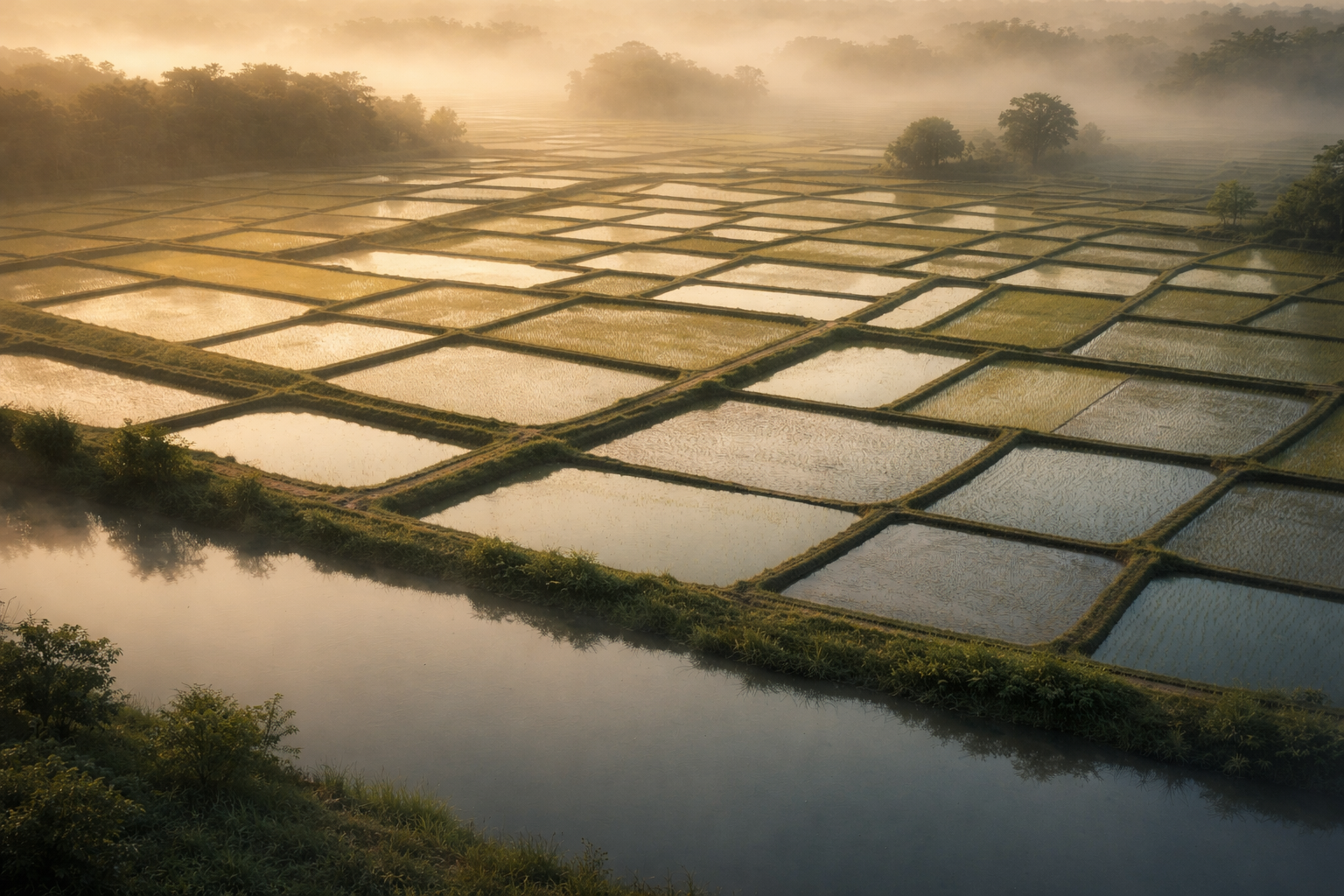 High-angle dawn view of terraced rice paddies and irrigation channels with geometric plots in soft misty light, the main pattern occupying the upper two-thirds and the lower third left calm and empty.