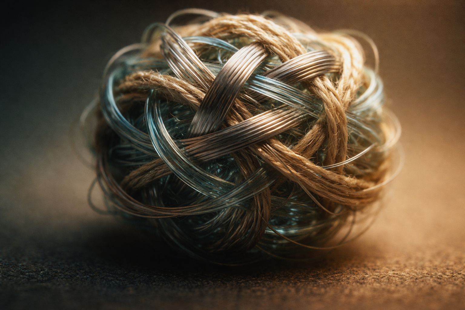 Macro close-up of an abstract interlaced network of thin metal filaments and woven fibres forming a globe-like knot centered in the frame, lit with warm gold and cool teal highlights, with the lower third softly out of focus and uncluttered.