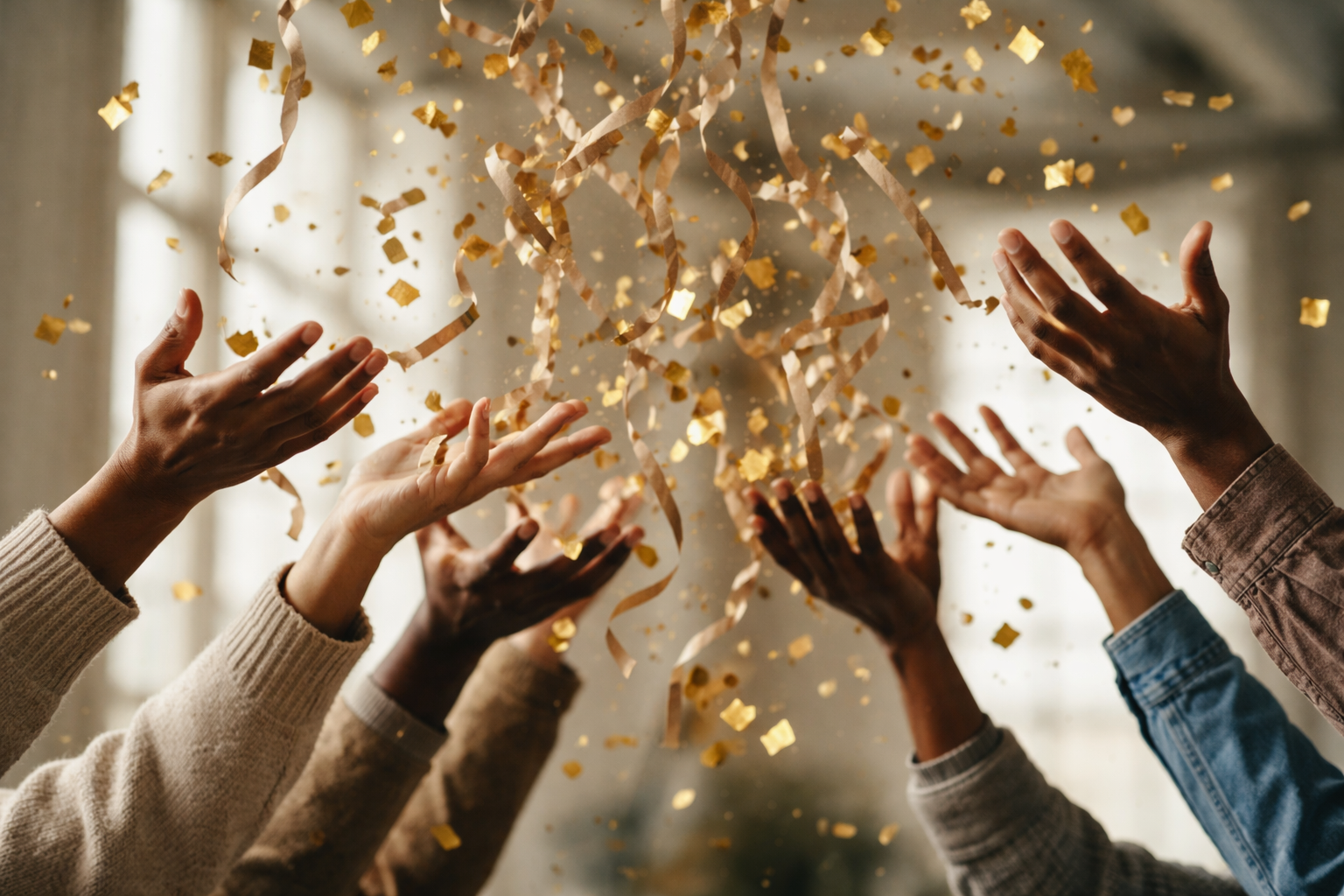 Close-up of diverse anonymous hands throwing gold confetti and paper ribbons upward, motion blur and warm light with the lower third left softly out of focus and empty.