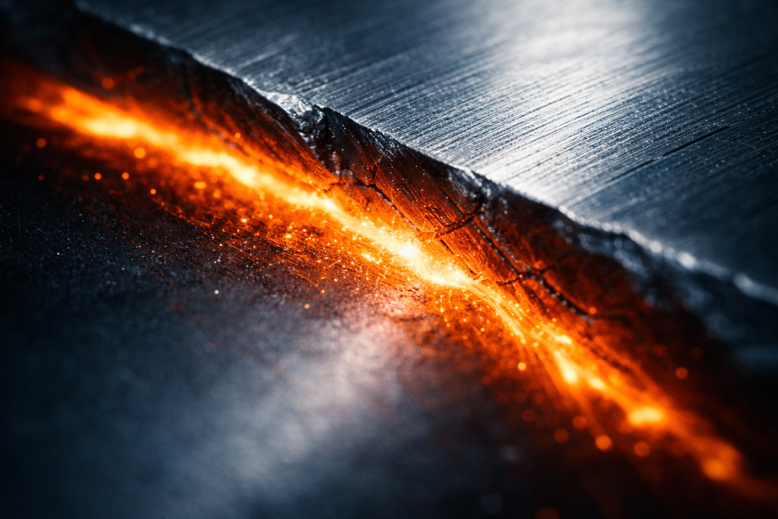 Extreme close-up of a steel surface where a glowing orange seam meets cool blue-toned metal, showing fine grain and scratches; the main subject sits in the upper two-thirds and the bottom is intentionally out of focus.